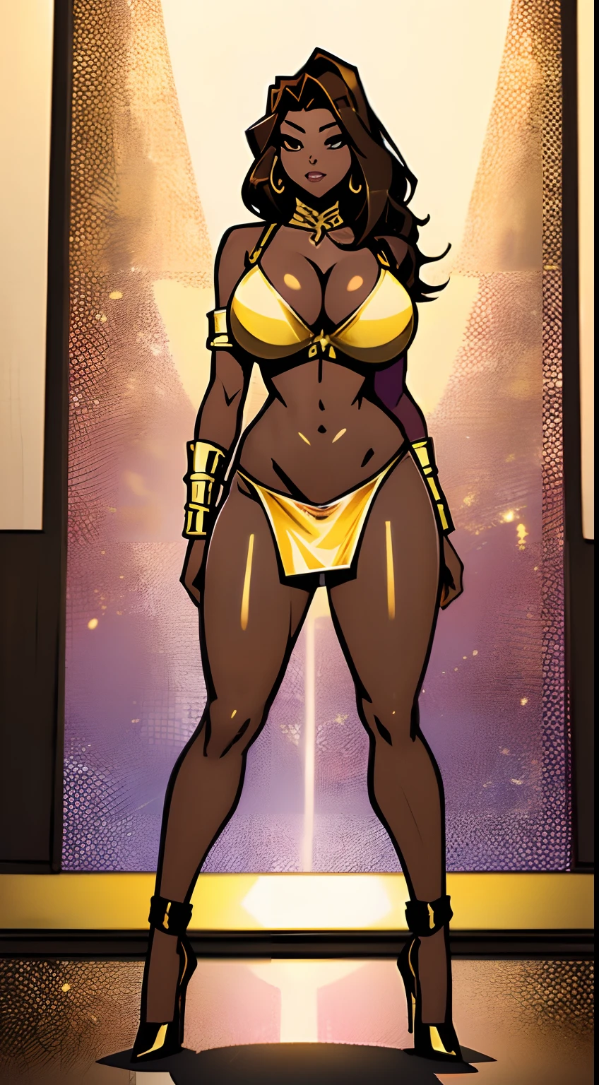 woman anime superhero, standing, extreme tanned skin, (thunder yellow wing shaped sexy metal piece as bra, open cleavage, golden panty), big cheeks, long legs, curvy, almost naked, extreme long black weavy hair, slim body, golden armlet over upper-arm, golden high heel, full body image centered around the buxom young miller's exceptionally attractive with big breast and reavling exposed cleavage with wide hips and narrow waist and exuding an alluring and voluptuous physique that radiates warmth and sensuality, (dark brown skin:1.4), Wild Xavante India