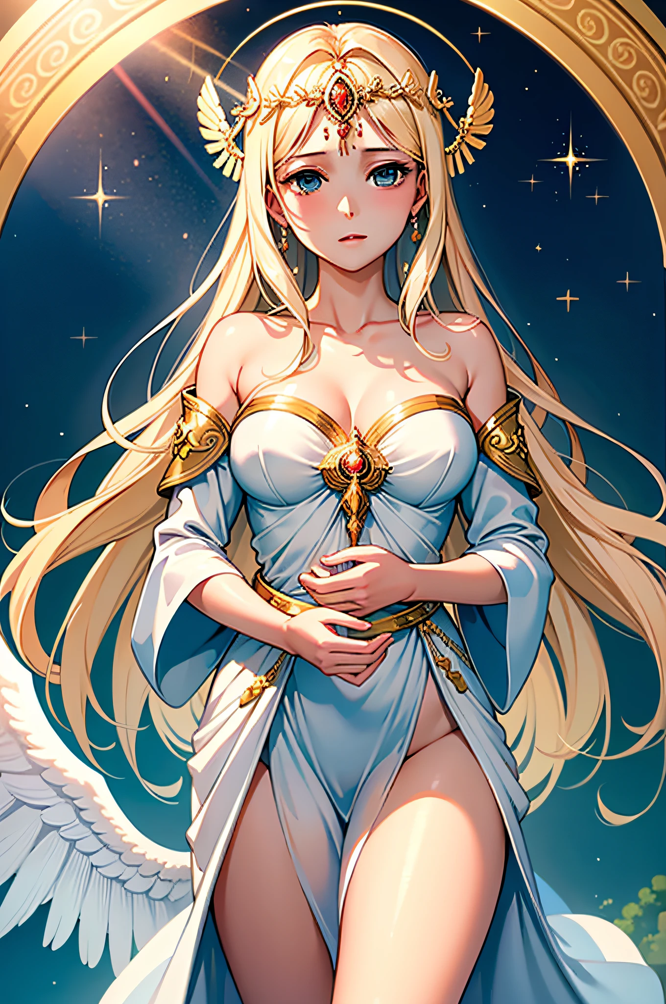 photorealistic, (hyperrealistic:1.2), beautiful, masterpiece, best quality, extremely detailed face, perfect lighting, nice hands, perfect hands, A divine and radiant angel in celestial splendor, (heavenly presence:1.2), (serene expression), (majestic wings), (ethereal glow:1.1), (peaceful and comforting), (transcendent beauty), (divine grace), (symbol of purity), (golden halo), (uplifting atmosphere), (celestial realm), (spiritual enlightenment), (gentle and protective), (illuminating light:1.2), (seraphic figure), (harmony and serenity), (angelic robes), (timeless and celestial), (captivating aura), (healing and guidance)