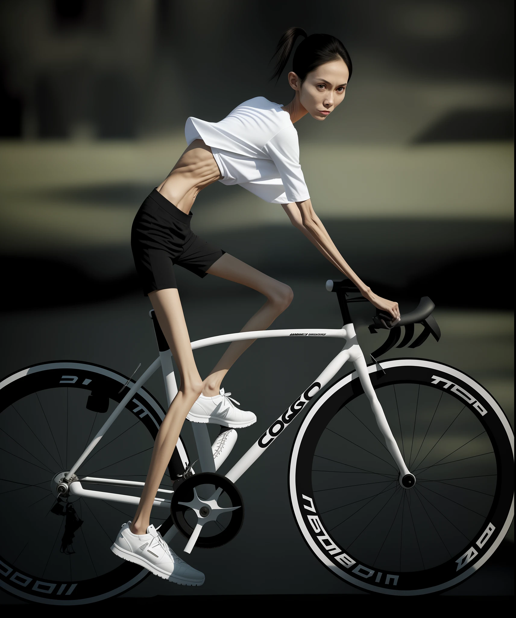 Skinny woman holding a baseball bat, Emaciated body and hungry stomach,Very slim waist and legs,Thin figure,Sunken abdomen,Excessive weight loss