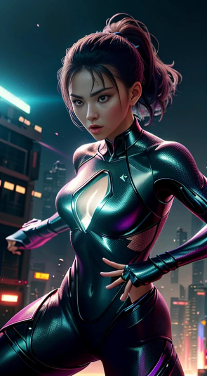 Futuristic kung fu girl,futuristic urban background,full bodyesbian,Chinese Kung Fu,Sharp eyes,Clear facial features,She was wearing a tracksuit,The body is surrounded by purple mist,Runes surround you,Martial arts action,Holographic reality,holographic halo,dynamic blur,Game lighting effects,rim-light,Soft light,cinematic rim light,The light is delicate,Beautiful martial arts, Science-fi digital art illustration, The art of digital kung fu, science fiction digital painting, futuristic digital painting, futuristic concept art, in front of a sci fi cityscape, science fiction digital art, Advanced digital cyberpunk art, Fantastic kung fu woman