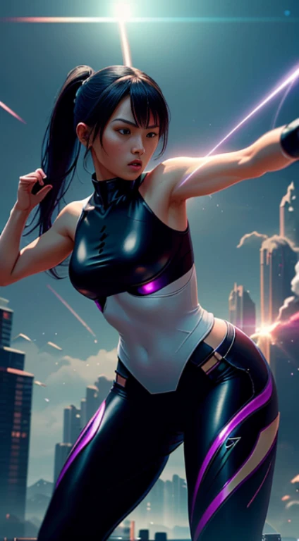 Futuristic kung fu girl,futuristic urban background,full bodyesbian,Chinese Kung Fu,Sharp eyes,Clear facial features,She was wearing a tracksuit,The body is surrounded by purple mist,Runes surround you,Martial arts action,Holographic reality,holographic halo,dynamic blur,Game lighting effects,rim-light,Soft light,cinematic rim light,The light is delicate,Beautiful martial arts, Science-fi digital art illustration, The art of digital kung fu, science fiction digital painting, futuristic digital painting, futuristic concept art, in front of a sci fi cityscape, science fiction digital art, Advanced digital cyberpunk art, Fantastic kung fu woman