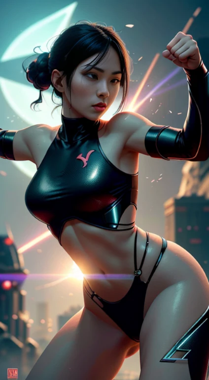 Futuristic kung fu girl，futuristic urban background，full bodyesbian，Chinese Kung Fu，Sharp eyes，Clear facial features，She was wearing a tracksuit，The body is surrounded by purple mist，Runes surround you，Martial arts action，Holographic reality，holographic halo，dynamic blur，Game lighting effects，rim-light，Soft light，cinematic rim light，The light is delicate，Beautiful martial arts, Science-fi digital art illustration, The art of digital kung fu, science fiction digital painting, futuristic digital painting, futuristic concept art, in front of a sci fi cityscape, science fiction digital art, Advanced digital cyberpunk art, Fantastic kung fu woman