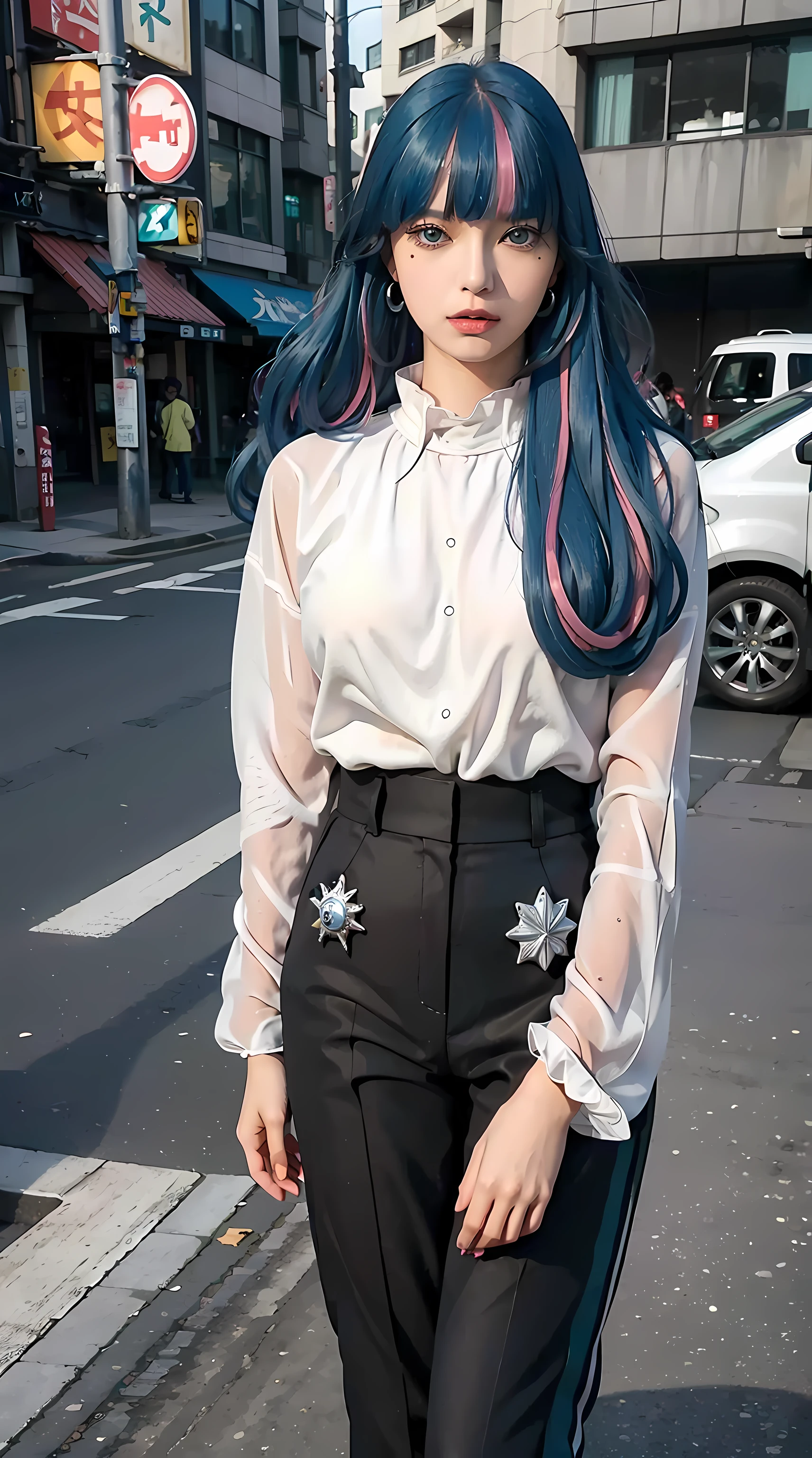 ((best quality)), ((highly detailed)), masterpiece, ((official art)), detailed face, beautiful face, (detailed eyes:1.3, deep eyes), (eida), long hair, looking at viewer, bangs, blue eyes, shirt, long sleeves, jewelry, very long hair, blue hair, pink hair, multicolored hair, earrings, sky, shorts, blunt bangs, star (symbol), nail polish, bracelet, two-tone hair, streaked hair, hand on hip, short shorts, night, black shorts, crescent, star (sky), night sky, personification, starry sky, high-waist shortsbest quality, masterpiece, intricate details, tonemapping, sharp focus, hyper detailed, trending on Artstation,1 girl, solo,best quality, masterpiece, intricate details, tonemapping, sharp focus, hyper detailed, trending on Artstation,1 girl, solo