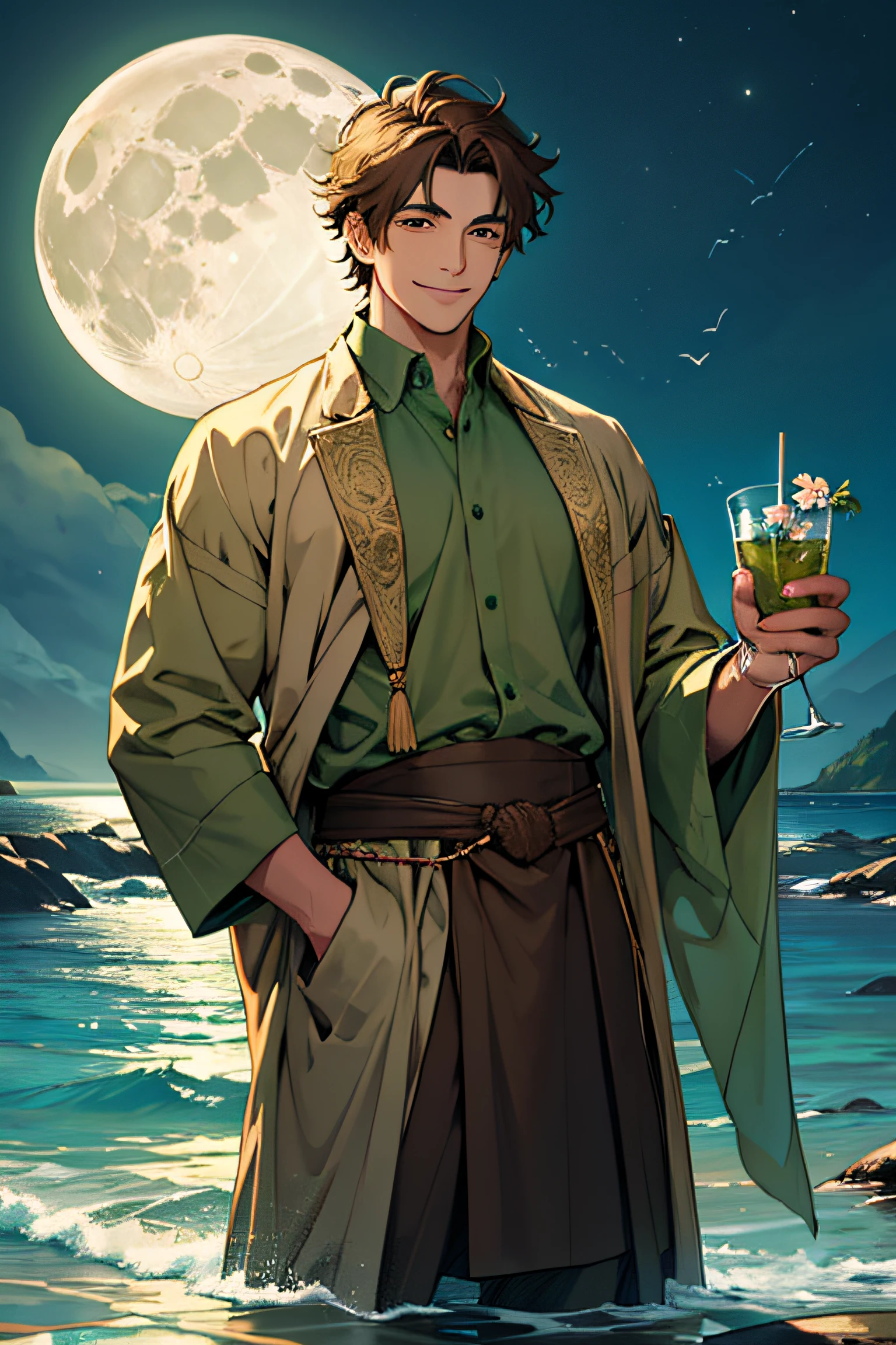 King of cups, a men very in love energy, with dark Green and brown colors on his clothes. He is a dreamer with flowers in one Hand and a cup with water in the second hand.. In the Backround is a Beach and the Moon in green colors. beautiful big eyes and hes smiling.
