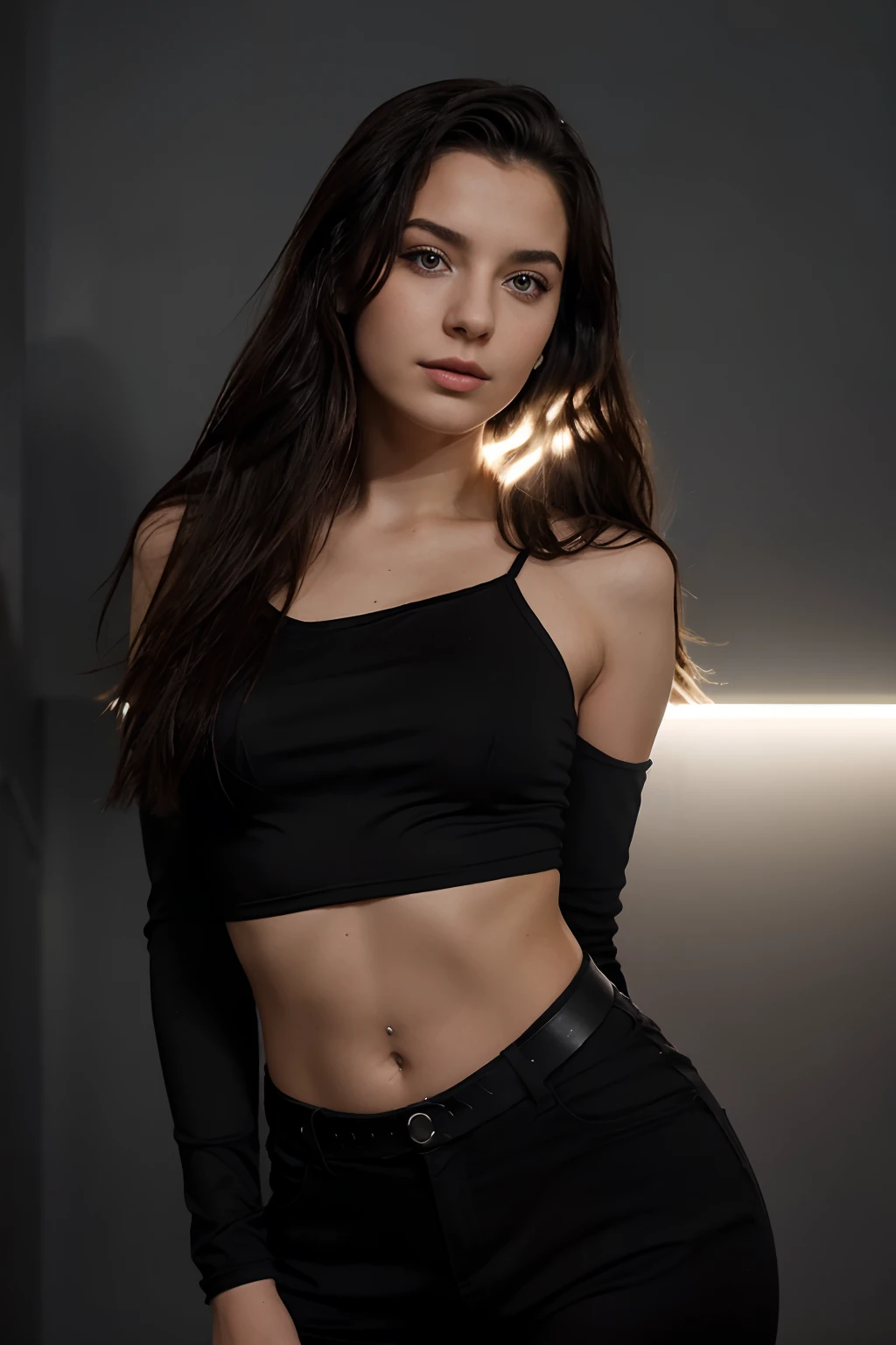 Best Quality, Masterpiece, High Resolution, 8K, (Realistic: 1.4), Ultra High Resolution, 1 Girl, Ultra Detailed, Surreal, Highly Detailed CG Illustration, Official Art, Cinematic Light, Reality, Young Beautiful Girl, Perfect Figure, Perfect Figure, Full View, Perfect Body, (Starting below: 1.3), , Pose, Sexy Long Legs, Confident, Beautiful Sexy, Grey Short Sleeves, Open Abdomen, Black Super Shorts, S-shaped Body, Upturned Hips, Assuming, Posing, Different Perspectives