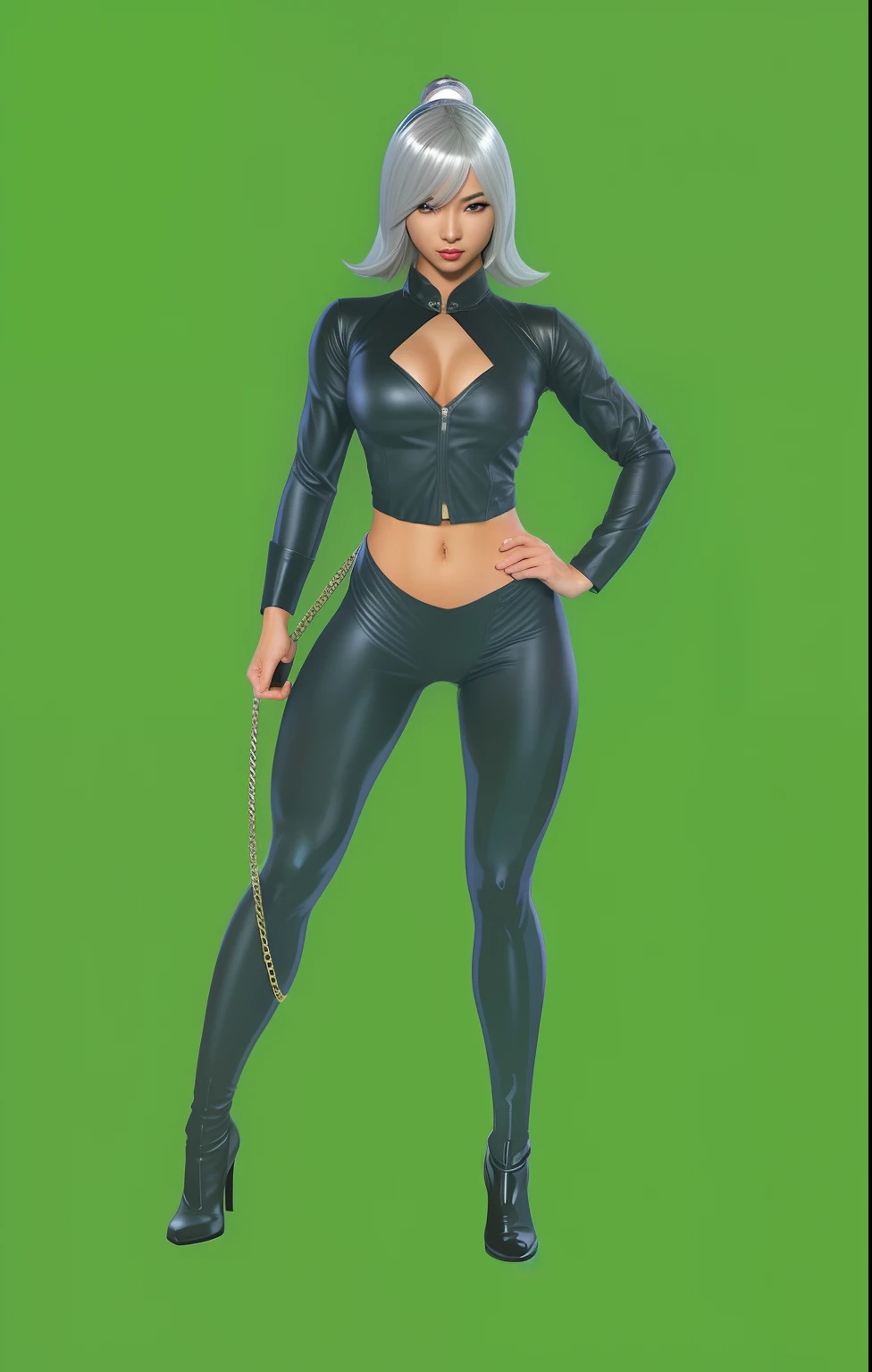 stunningly beautiful asian girl wearing a black long-sleeved cleavaged cropped top tank and black pants. exposed belly. bare abs. diamond-shaped cleavage. very tight outfit. wearing thin glasses. She's holding a golden nunchakus. medium length bob cut gray platinum blonde hair with a high half ponytail and a short fringe over forehead. clenched fists. action pose. fighting pose. ninja pose. unusual perspective. unusual camera angle. best quality, Ultra high resolution. Comic book style. Jim Lee style