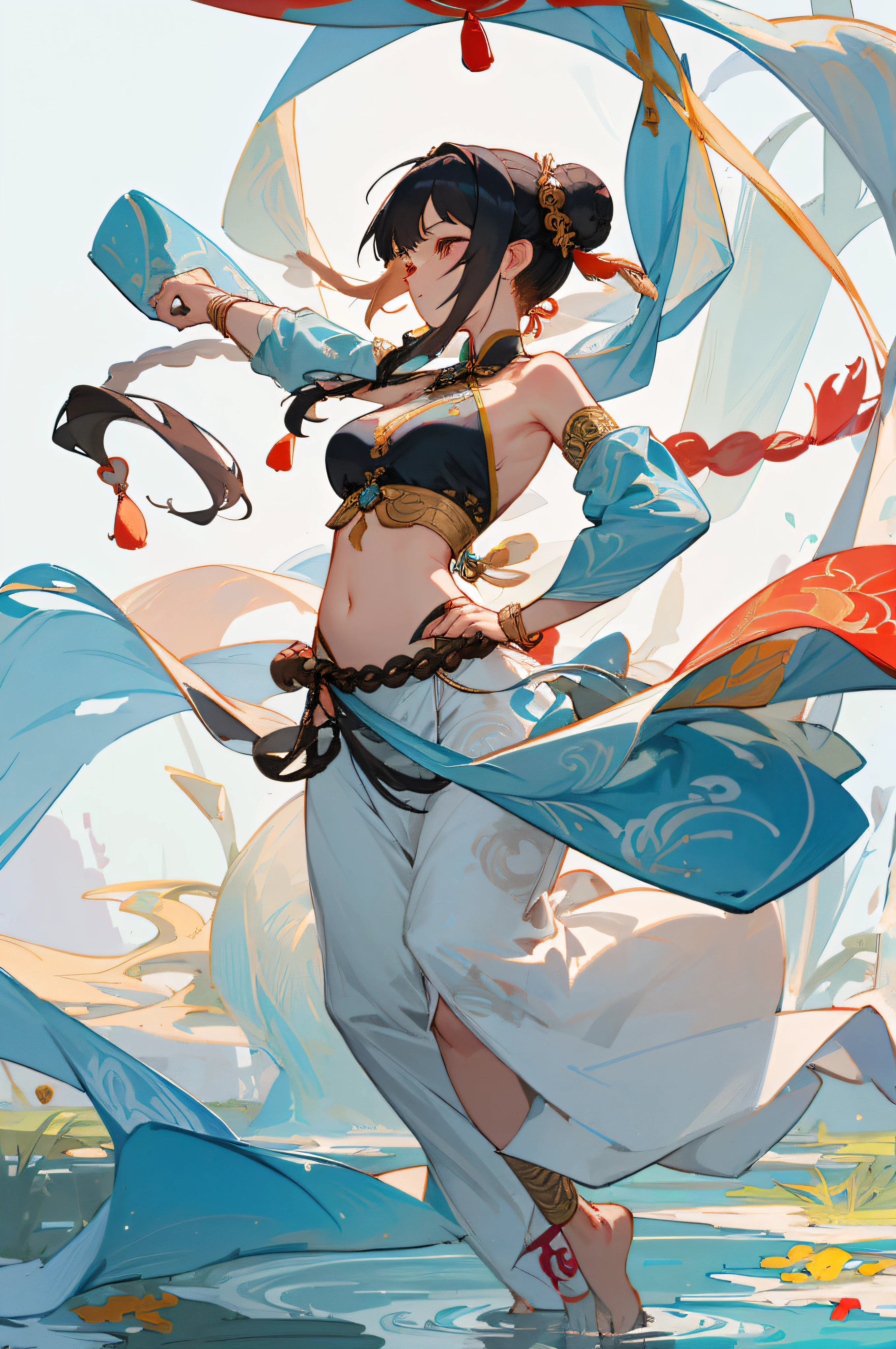 An ancient Chinese beauty stands and dances on the water, gorgeous costumes embroidered with intricate embroidery, flowing tulle, transparent long colorful ribbons tied on the arms, inspired by Dunhuang Flying Apsaras murals, showing navel, bare shoulders, bare neck, Black curly hair in a high bun with flower hairpins, ribbons on arm rings, wreaths, bracelets, anklets, metal chain tassels on the waist, Mogao Grottoes art, ink painting, cgstation pop, topless, nipples, bare breasts