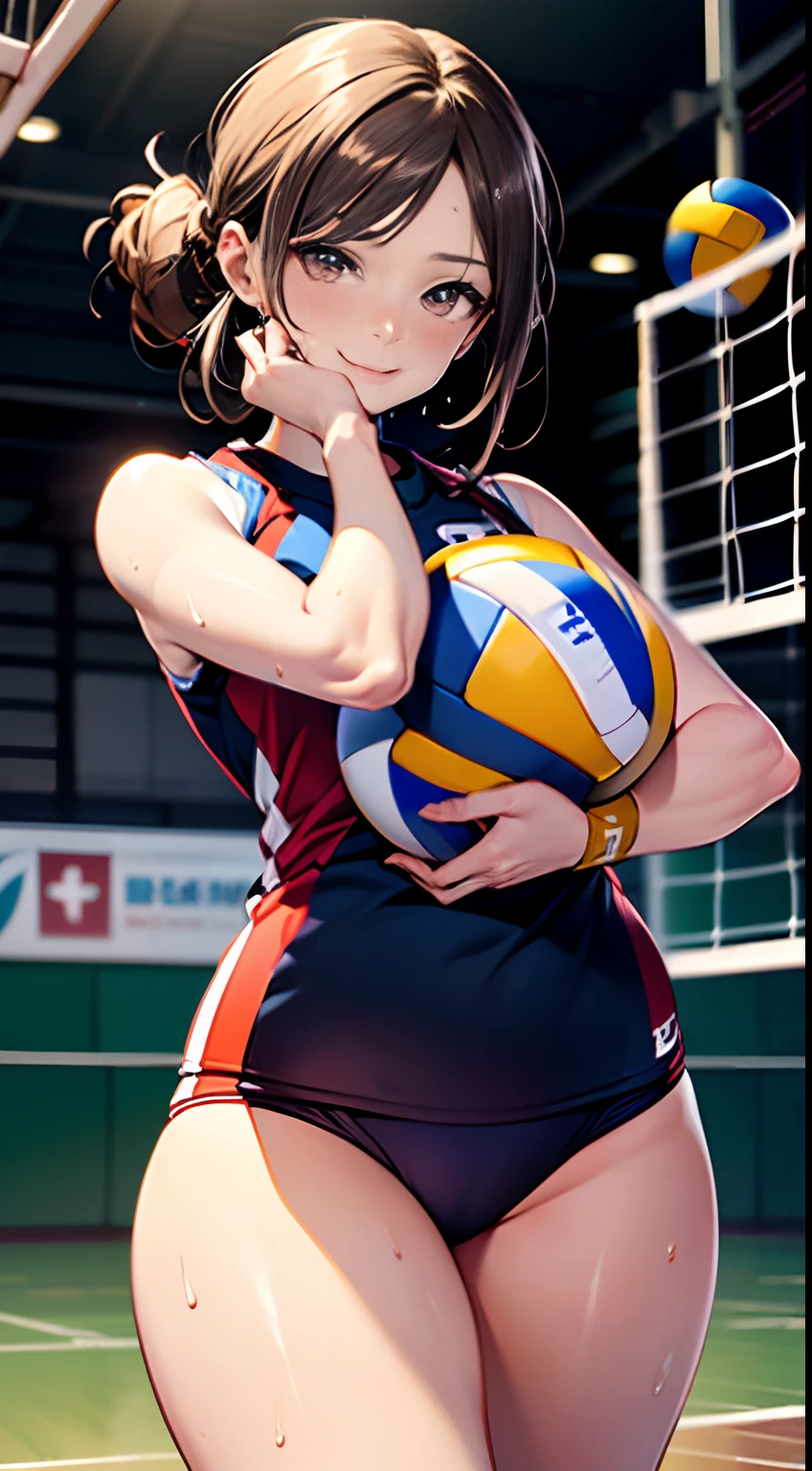 UHD, anatomically correct, 8k, ultra high res,(photo realistic:1.4), (((masterpiece))), (((best quality))), (((ultra detailed))), (((high-resolution))), ((super fine illustration)), ((Ultimate cutie)), detailed beautiful face, shiny hair, potbelly, (curvy), medium breasts, (Thick thighs), solo, one girl, (gyaru), shiny hair, ((happy)), ((smile)), ((blush)),
BREAK, ((hold Beautiful spherical shape 6-inch volleyball with both hands)),
BREAK, (((buruma))), ((sleeveless volleyball uniform)), (knee pad), ((sweat)), (covered in sweat), (heavy breathing), sense of depth, in volleyball court, gymnasium, looking at viewers, cowboy shot