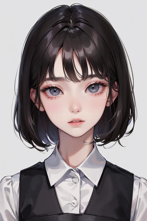 (Top resolution、Distinct_image)top-quality、femele、​masterpiece、ighly detailed、Semi-realistic、Black short hair、Dark hair、grey  eyes、bangss、21years old、Mature、年轻、pinafore、Exquisite facial features、Facial features