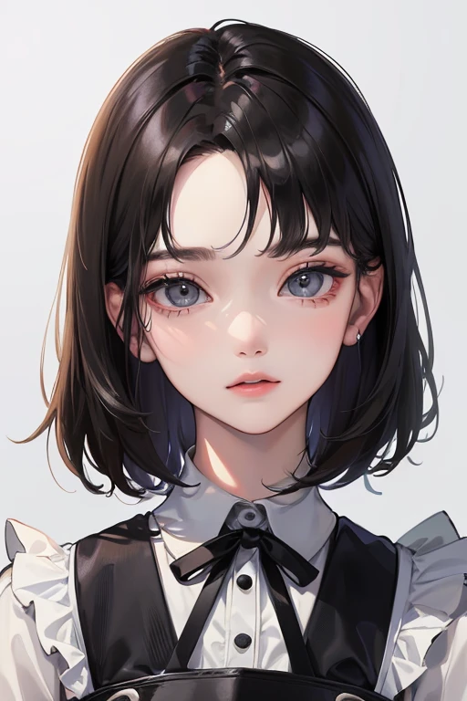 (Top resolution、Distinct_image)top-quality、femele、​masterpiece、ighly detailed、Semi-realistic、Black short hair、Dark hair、grey  eyes、bangss、21years old、Mature、年轻、pinafore、Exquisite facial features、Facial features