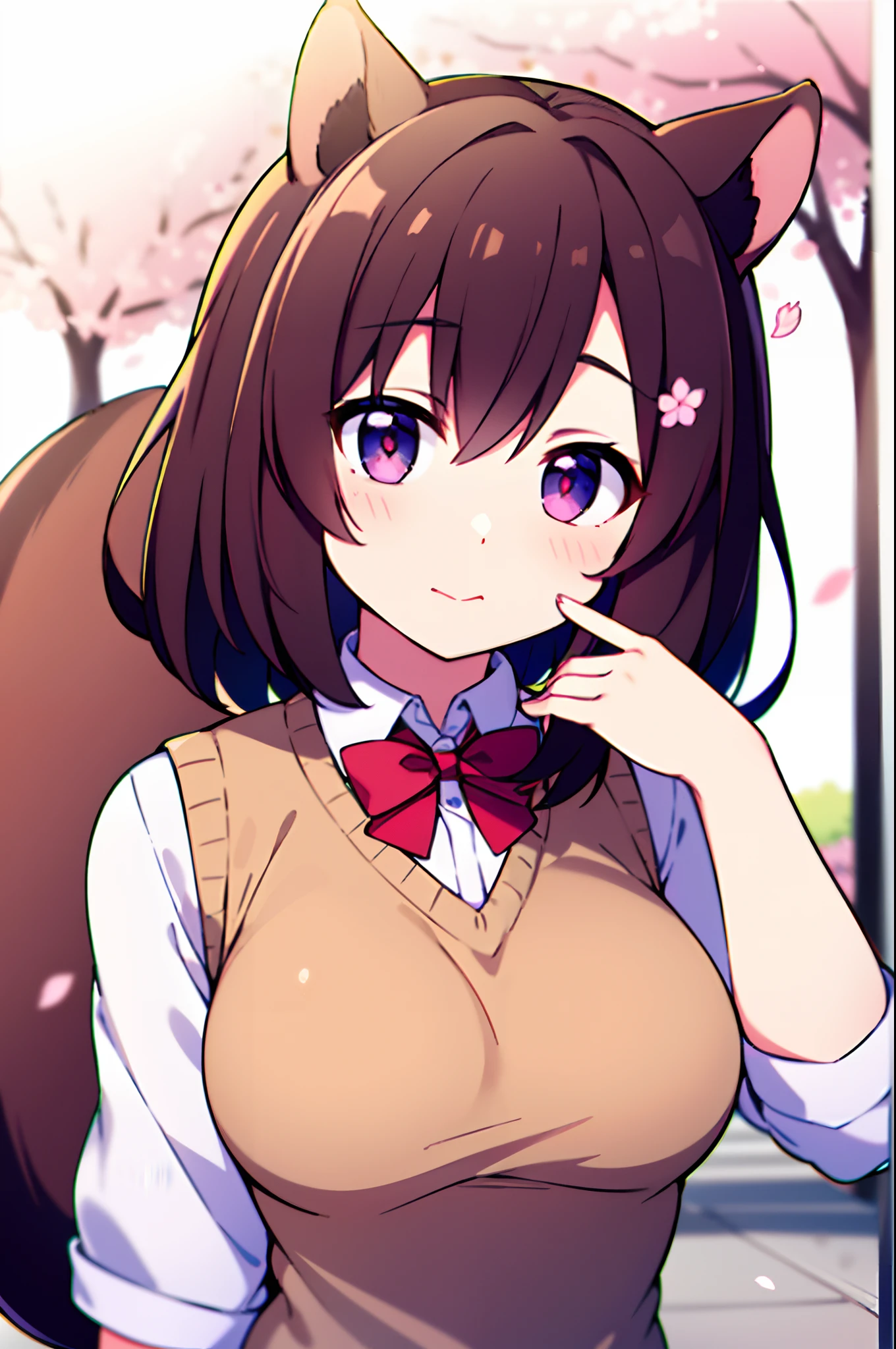Masterpiece, Best Quality, Cute, Petite,
Ayunda Risu, sweater vest, bowtie, large breasts, Squirrel ears, Squirrel Tail, hairpin,
Street, cherry blossoms, Depth of field, a closeup of a,