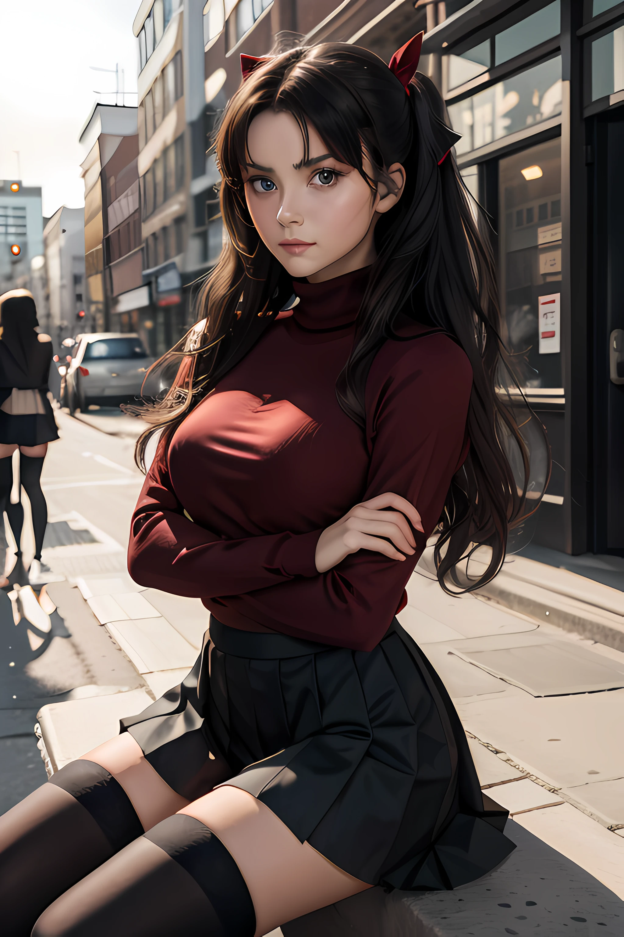 (masterpiece), best quality, expressive eyes, perfect face, 1girl, solo, rintohsaka, rin tohsaka, aqua eyes, black hair, hair ribbon, long hair, ribbon, sidelocks, two side up, black skirt, black thighhighs, long sleeves, miniskirt, pleated skirt, ((red sweater)), skirt, sweater, thighhighs, turtleneck, city background, sitting, character sheet, upper body, portrait, looking at viewer