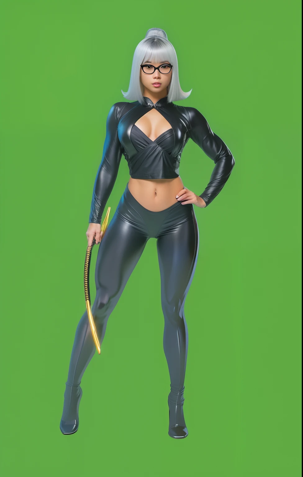 stunningly beautiful asian girl wearing a black long-sleeved cleavaged cropped top tank and black pants. exposed belly. bare abs. diamond-shaped cleavage. very tight outfit. wearing thin glasses. She's holding a golden nunchakus. medium length bob cut gray platinum blonde hair with a high half ponytail and a short fringe over forehead. clenched fists. action pose. fighting pose. ninja pose. unusual perspective. unusual camera angle. best quality, Ultra high resolution. Comic book style. Jim Lee style