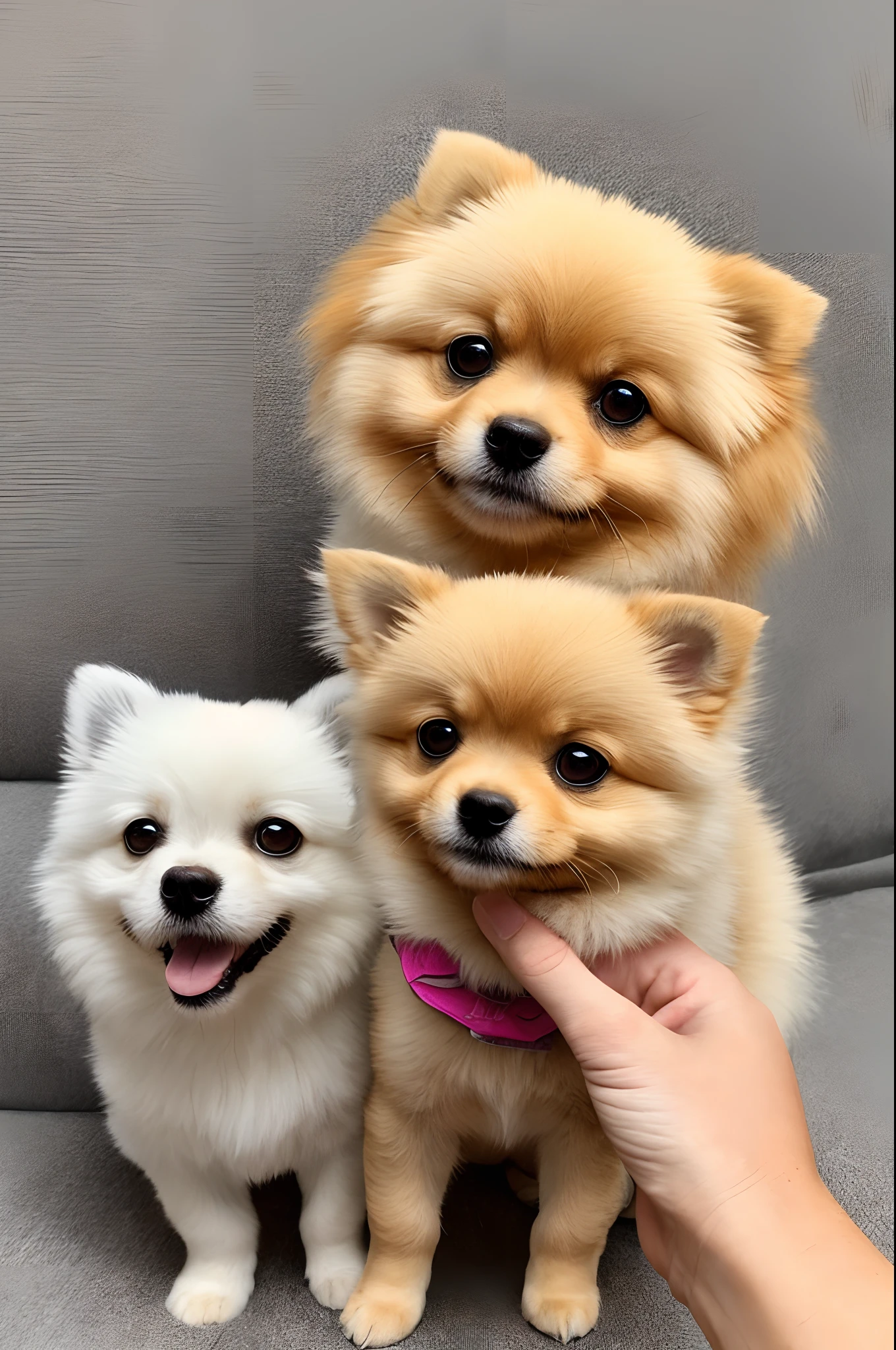 Pomeranian mix tan dog, held by slender long blonde hair woman green eyes round face
