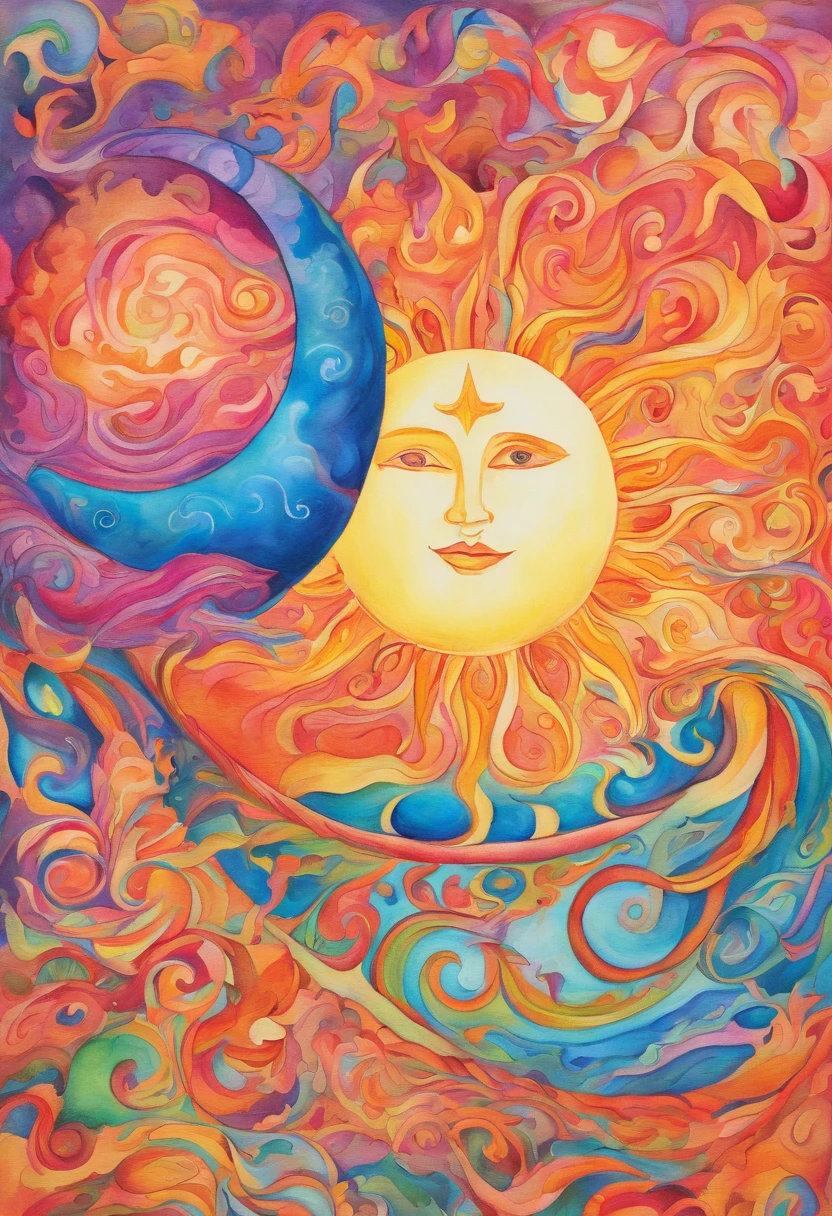 Vivid watercolor pencil drawing of a sun being hugged by a quarter-moon and interlocking forming a sphere, and issurounded by earth,wind, water, fire as they swirl around the sun