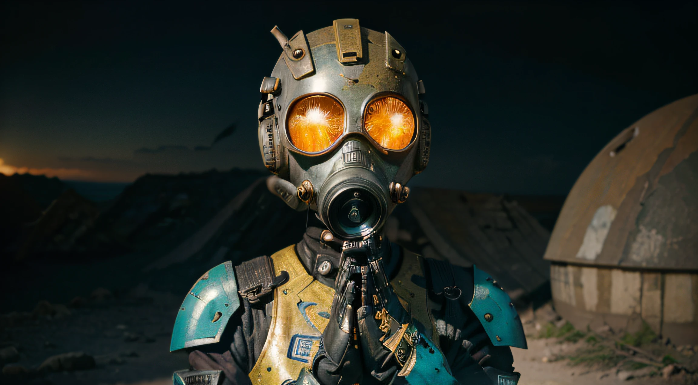 A Robot Girl with helmet gas mask, the Rocketeer style, tongs in hands, Tv head, pinhead, Black and Yellow Pink Cyan Rusty, Ambient in a meteorite crater super detailed, center, beautiful, soft lighting, focused on the character, 4K resolution, photorealistic rendering.