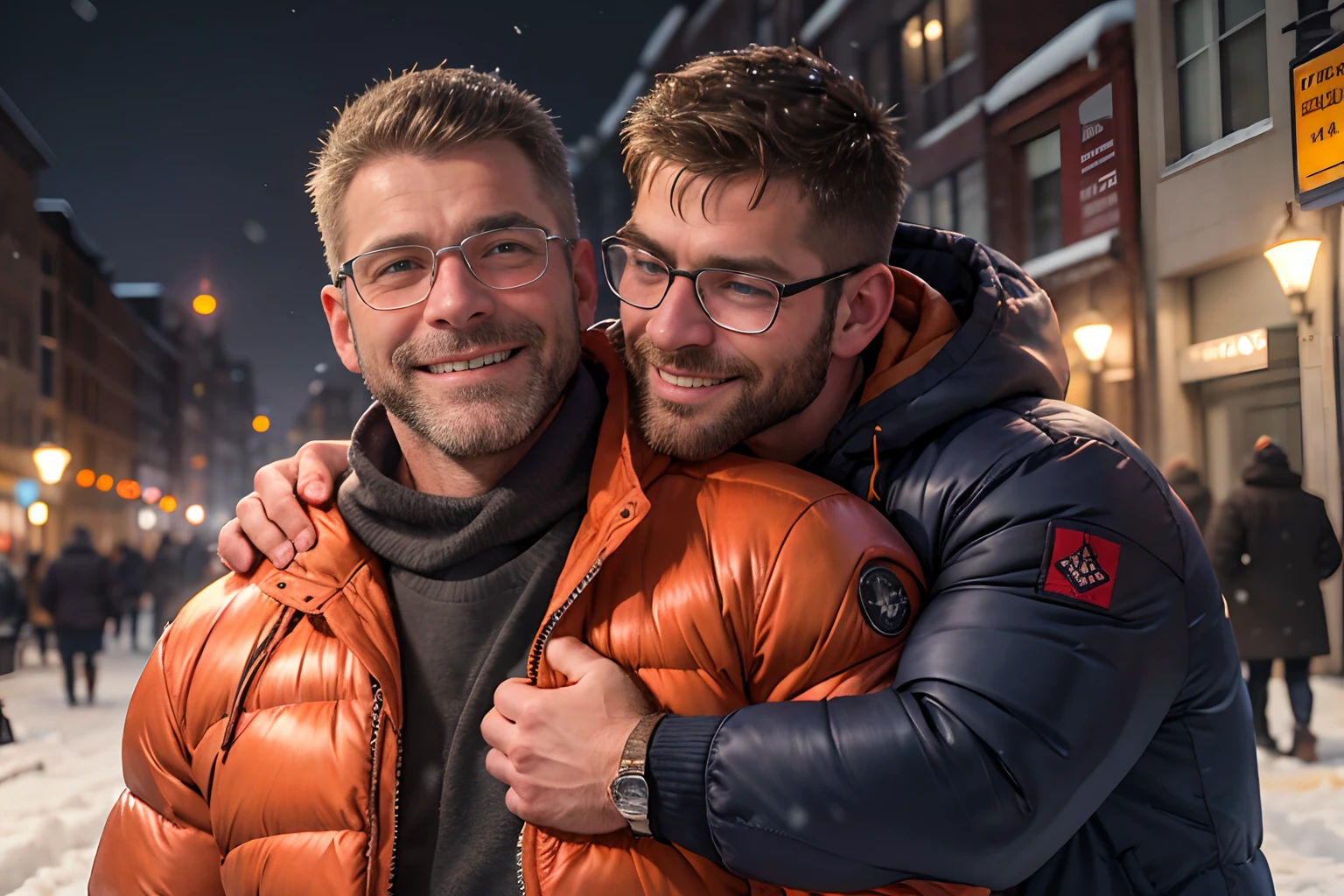 Award-winning original photos，2men, wild muscular men, (40 years old daddy:1.1), beards, burly, hunk, jackets, smilling happily, one of the man wearing glasses, standing on a snowy city streets, cold atmosphere, snowy, hugging, detailed, lovely, faces closeup