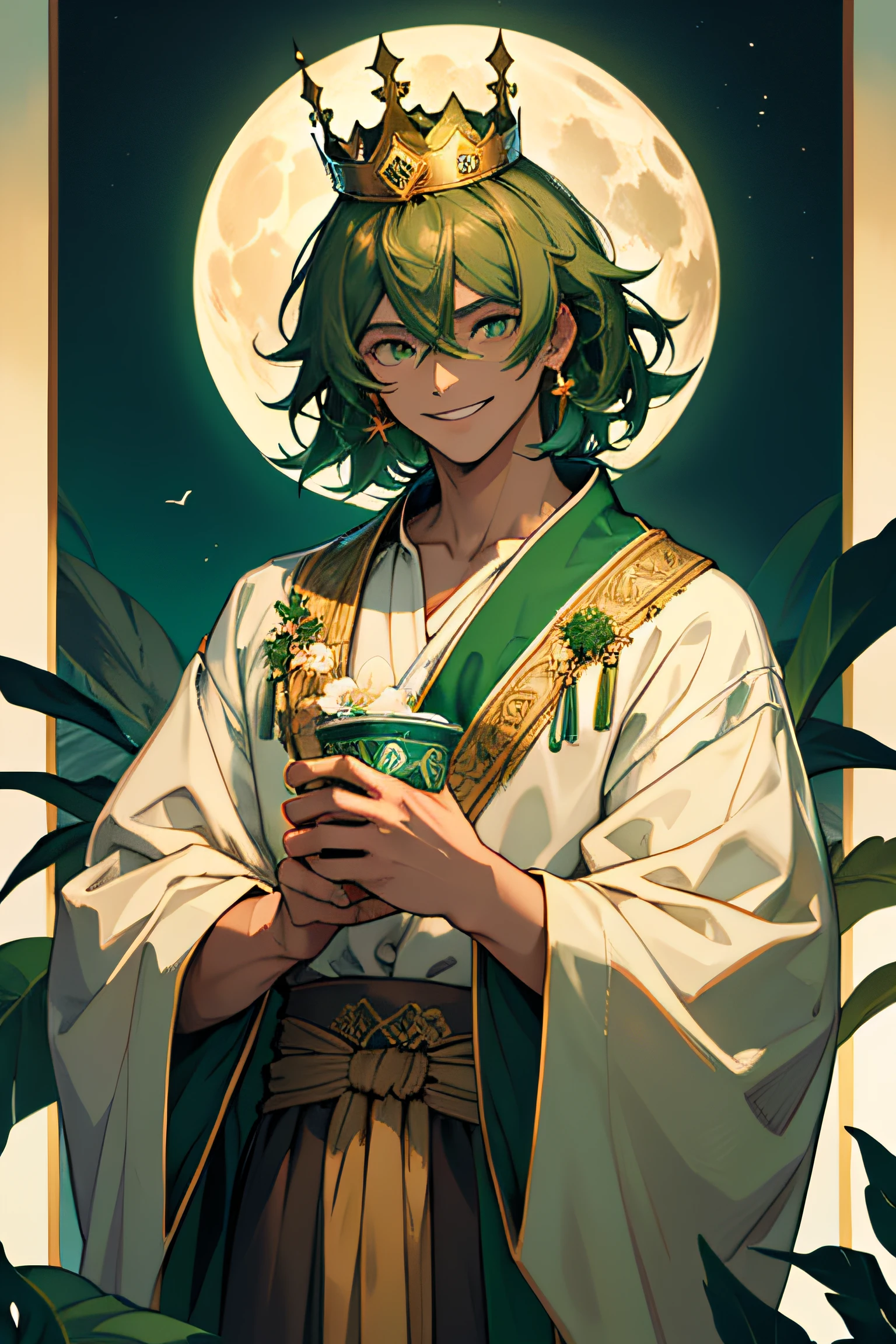 King of cups, a men very in love energy, with dark Green and brown colors on his clothes. He is a dreamer with flowers in hes Hands. In the Backround is a Beach and the Moon in green colors. beautiful big eyes and hes smiling. he has a crown on his head