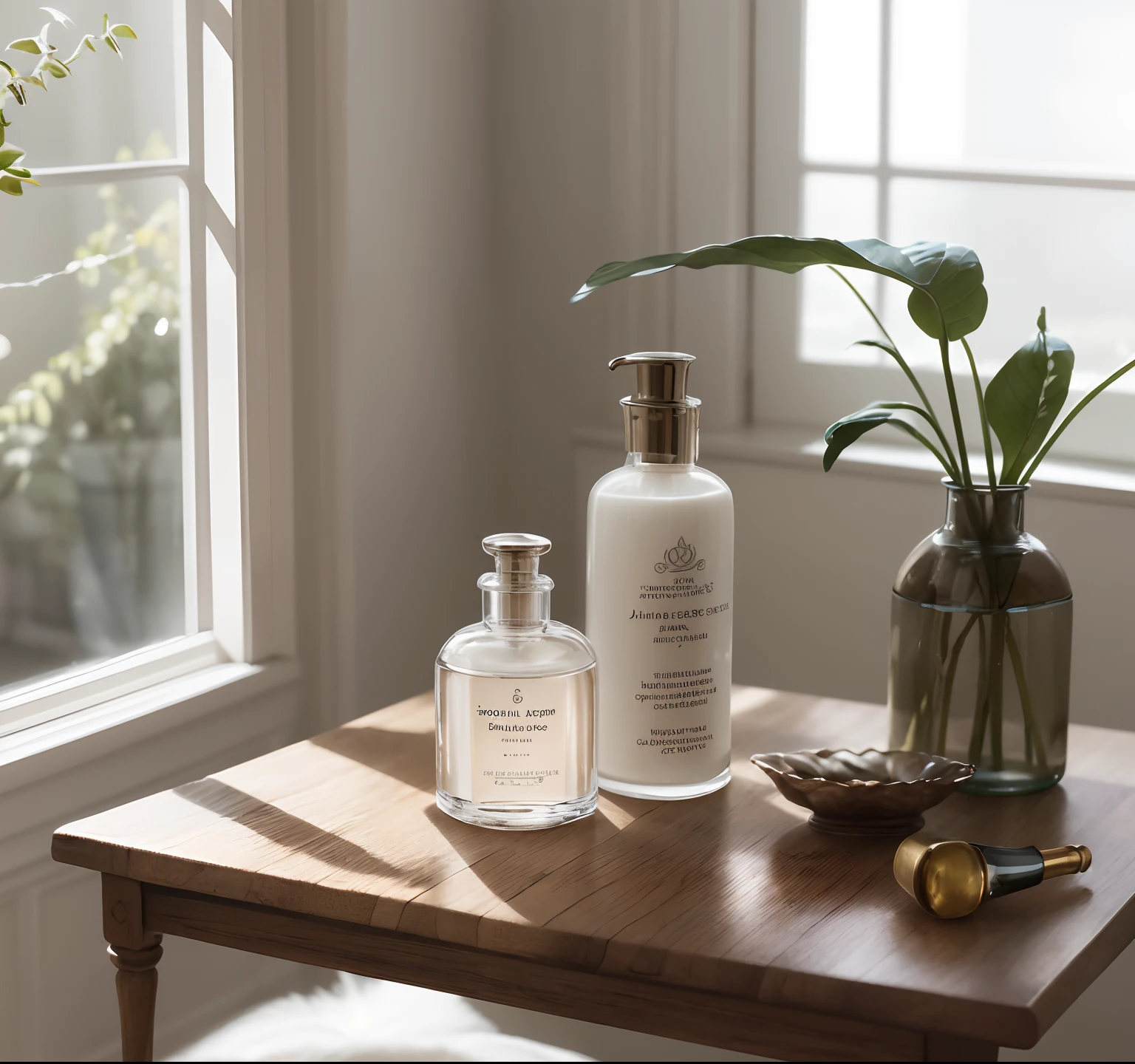 On the table next to the vase is a bottle of lotion,Inspired by Emile Lana, author:Emil Rana, inspired by Évariste Vital Luminais, Vespers Linde, Inspired by Otto Meyer-Armden, luminous body, Handsome, miniature product photo, dramatic product shot, ethereal opalescent mist, dramatic product photography, detailled image,