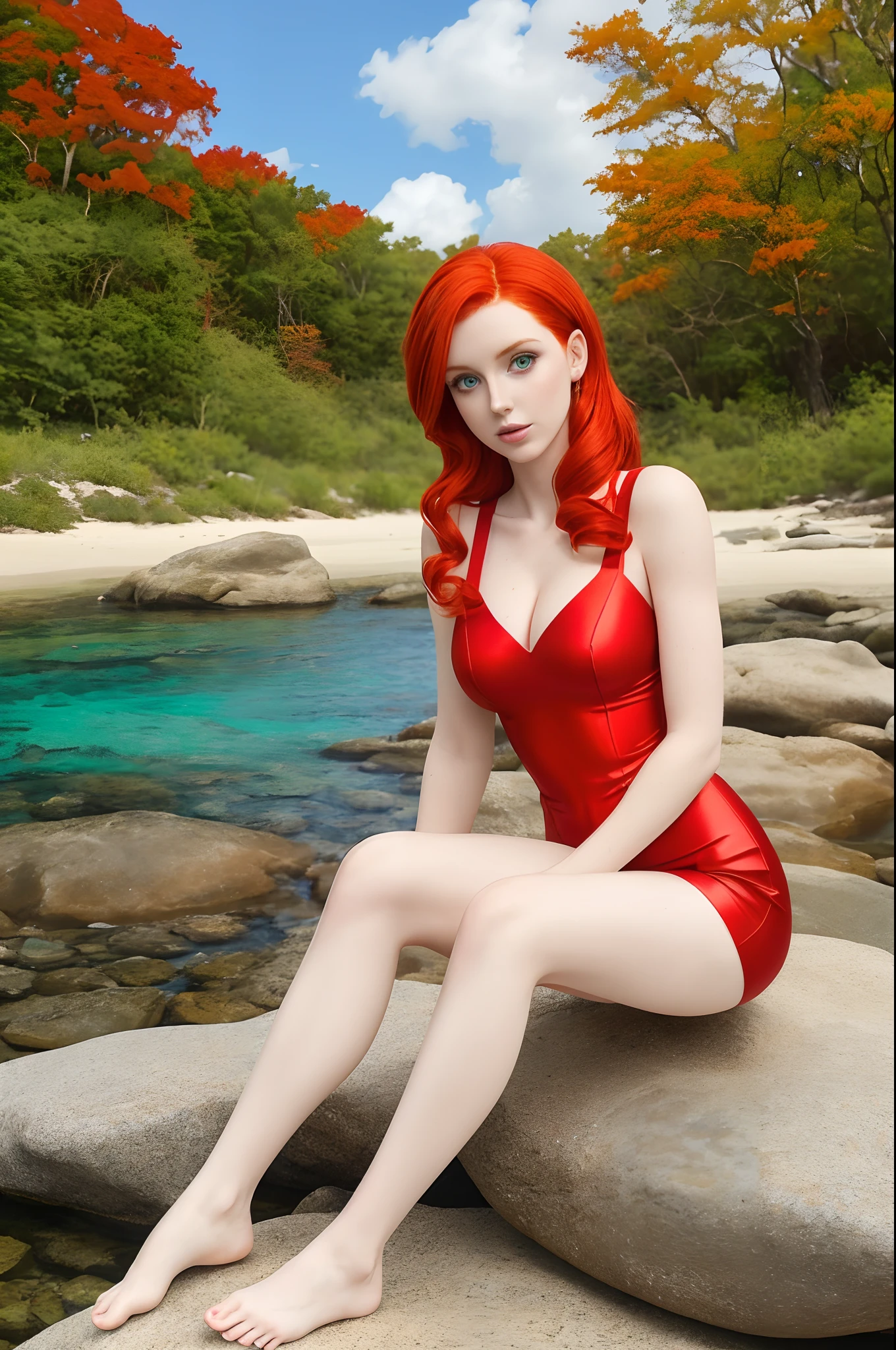 arafed woman with red hair sitting on a rock near a body of water, short redhead, redhead woman, amouranth, redhead girl, better known as amouranth, beautiful redhead woman, she is redhead, young beautiful amouranth, 24 year old female model, cute young redhead girl, with red hair and green eyes, red haired goddess