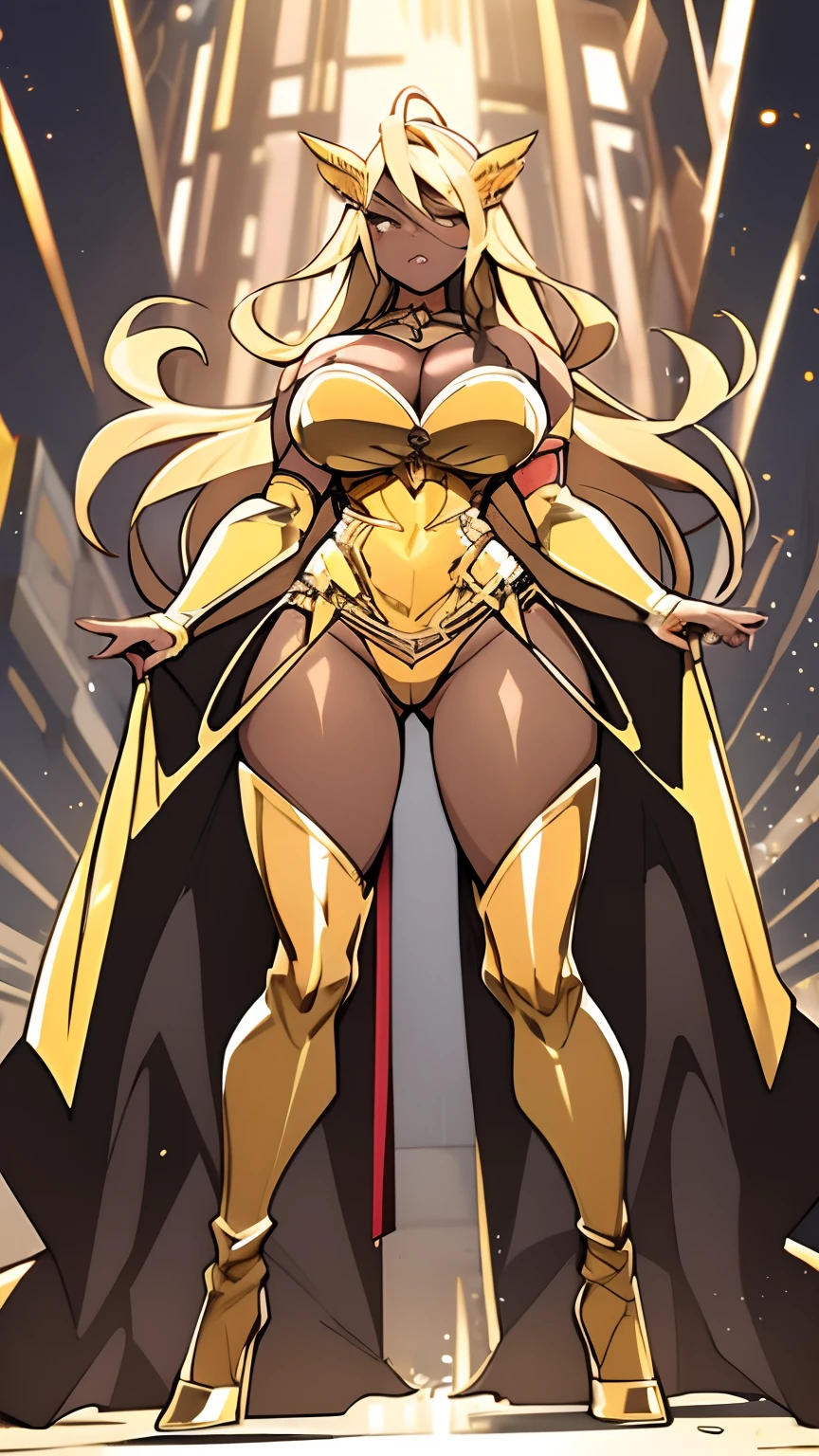 woman anime superhero, standing, extreme tanned skin, (thunder yellow wing shaped sexy metal piece as bra, open cleavage, golden panty), confident face, long legs, curvy, plup, almost naked, extreme long black weavy hair, slim body, golden armlet over upper-arm, golden high heel, yellow cape, full body image centered around the buxom young miller's exceptionally attractive with big breast and revealing exposed cleavage with wide hips and narrow waist, (dark brown skin:1.4), Wild Xavante India