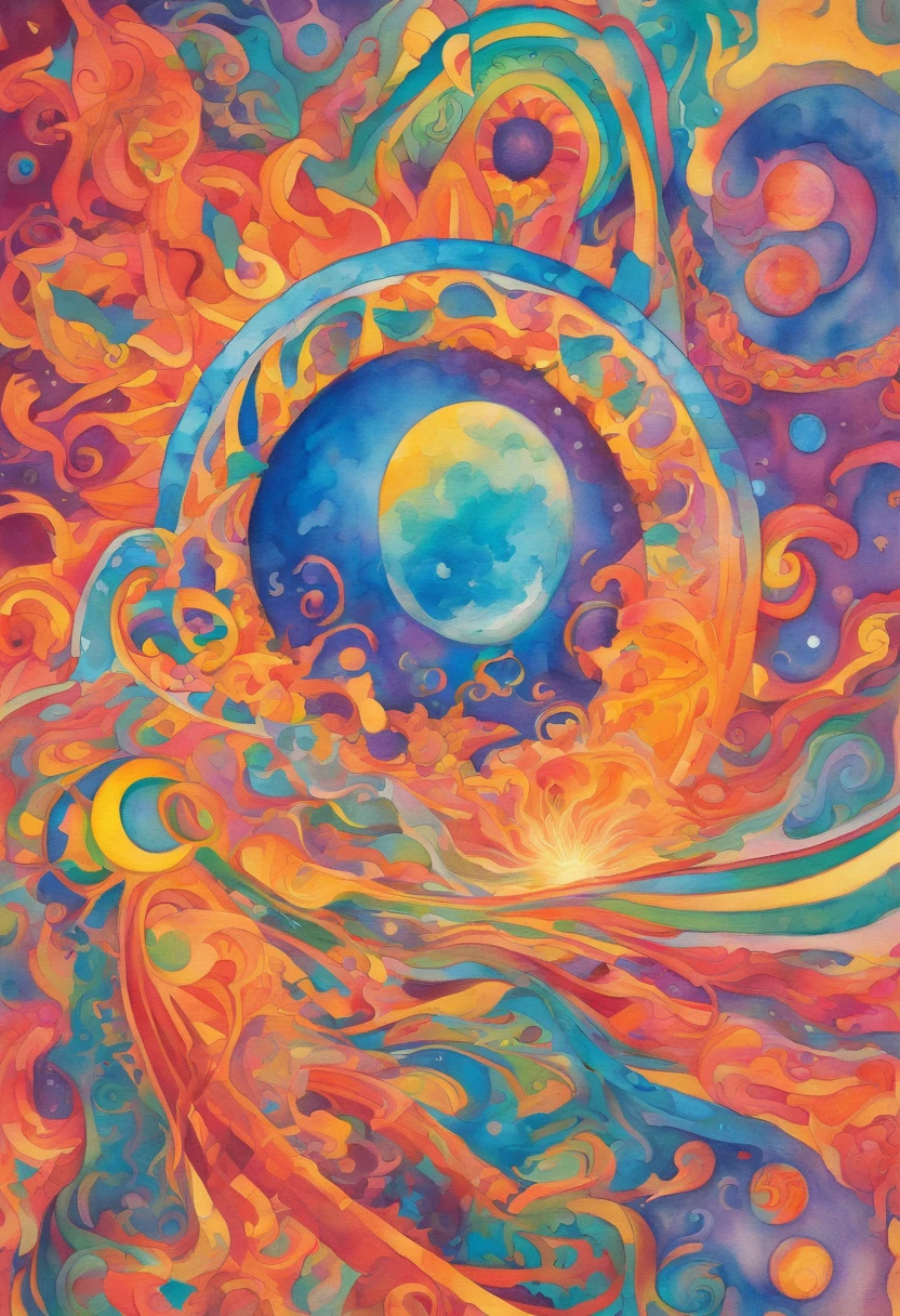 Vivid watercolor pencil drawing of a sun being hugged by a quarter-moon and interlocking forming a sphere, and issurounded by an abstract version of earth,wind, water, and fire.