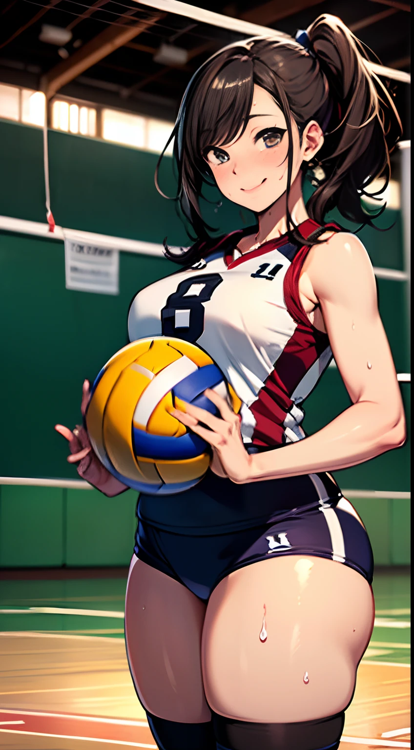 showing her armpits, (voleyball t-shirt), (voleyball short pants), volleyball court background, NJAkiV4, oda non style, anime cels style, pink lipstick, purple eyes, (long hair), best quality, high resolution, (cowboy shot, 1 girl, 30yo,Young female,Beautiful Finger,Beautiful long legs,Beautiful body, Beautiful Nose,Beautiful character design, perfect eyes, perfect face,expressive eyes, perfect balance, looking at viewer,(Focus on her face), official art,extremely detailed CG unity 8k wallpaper, perfect lighting,Colorful, Bright_Front_face_Lighting,White skin, (masterpiece:1.0),(best_quality:1.0), ultra high res,4K,ultra-detailed, photography, 8K, HDR, highres, absurdres:1.2, Kodak portra 400, film grain, blurry background, bokeh:1.2, lens flare, (vibrant_color:1.2),professional photograph, (Beautiful,huge_Breasts:1.4), (beautiful_face:1.5),(narrow_waist)