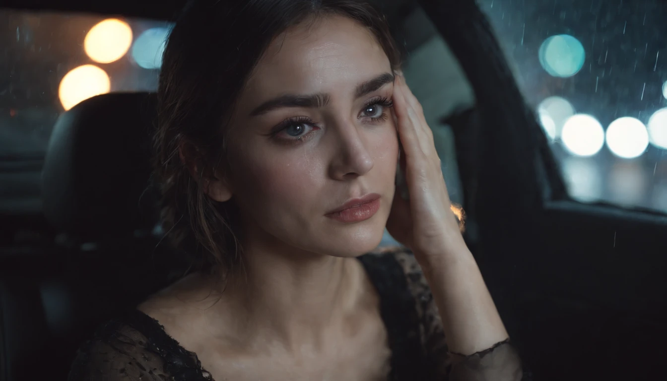 beautiful woman crying in a car at night, dripping make-up, sad woman, black make-up, nissan skyline, night lights, cyberpunk city lights, night sky, night drive, raining, rain, rainy night, ultra detailed, photorealistic, cinematic, masterpiece.