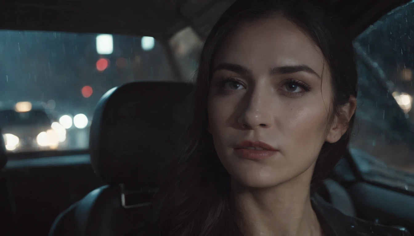 beautiful woman crying in a car at night, dripping make-up, sad woman, black make-up, nissan skyline, night lights, cyberpunk city lights, night sky, night drive, raining, rain, rainy night, ultra detailed, photorealistic, cinematic, masterpiece.