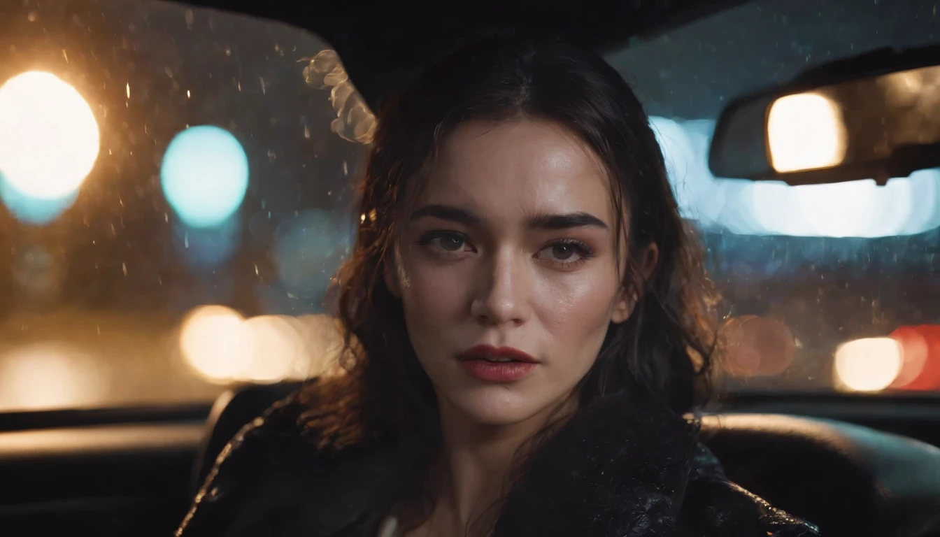 beautiful woman crying in a car at night, dripping make-up, sad woman, black make-up, nissan skyline, night lights, cyberpunk city lights, night sky, night drive, raining, rain, rainy night, ultra detailed, photorealistic, cinematic, masterpiece.