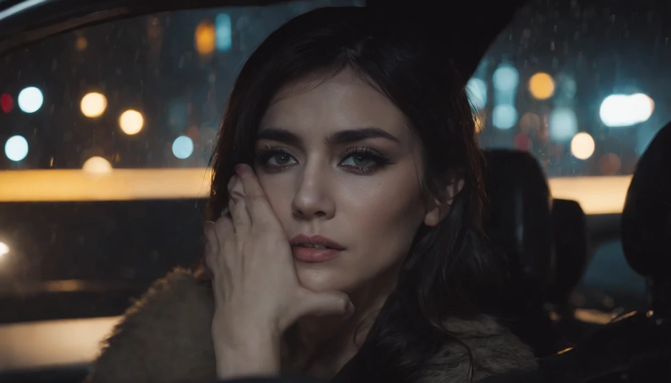 beautiful woman crying in a car at night, dripping make-up, sad woman, black make-up, nissan skyline, night lights, cyberpunk city lights, night sky, night drive, raining, rain, rainy night, ultra detailed, photorealistic, cinematic, masterpiece.