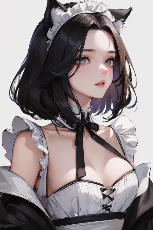 (Top resolution、Distinct_image)top-quality、femele、masterpiece、ighly detailed、Semi-realistic、Black short hair、Dark hair、grey eyes、bangss、21years old、shoulder-length hair、Mature、年轻、Maid costume、head band、Exquisite facial features、Facial features、cat ear