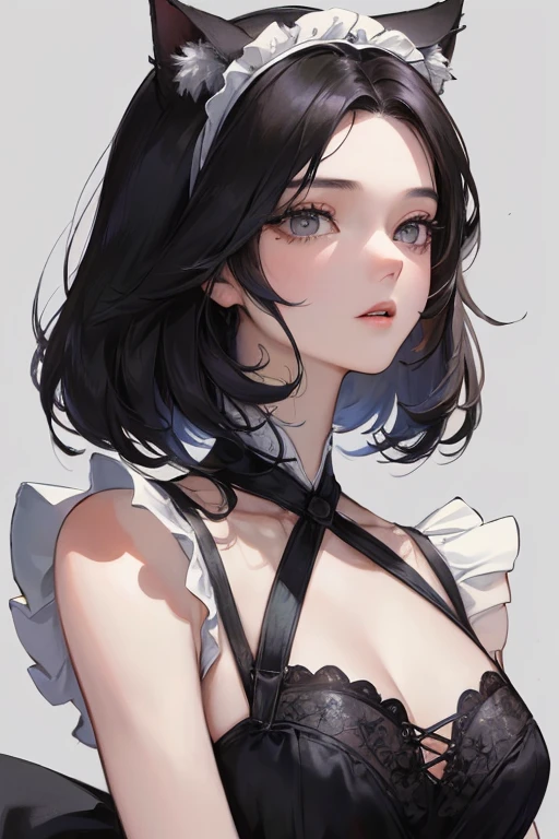 (Top resolution、Distinct_image)top-quality、femele、masterpiece、ighly detailed、Semi-realistic、Black short hair、Dark hair、grey eyes、bangss、21years old、shoulder-length hair、Mature、年轻、Maid costume、head band、Exquisite facial features、Facial features、cat ear