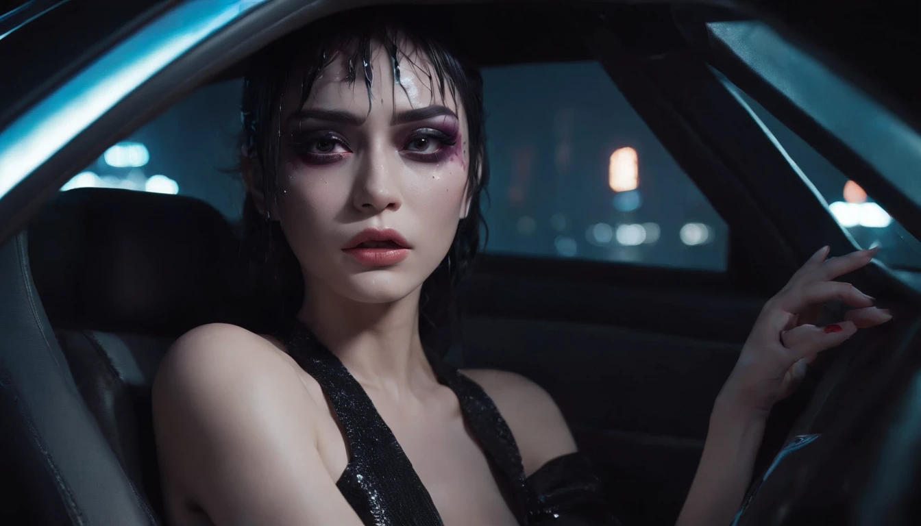beautiful woman crying in a car at night, dripping make-up, sad woman, black make-up, nissan skyline, night lights, cyberpunk city lights, night sky, night drive, ultra detailed, photorealistic, cinematic, masterpiece.