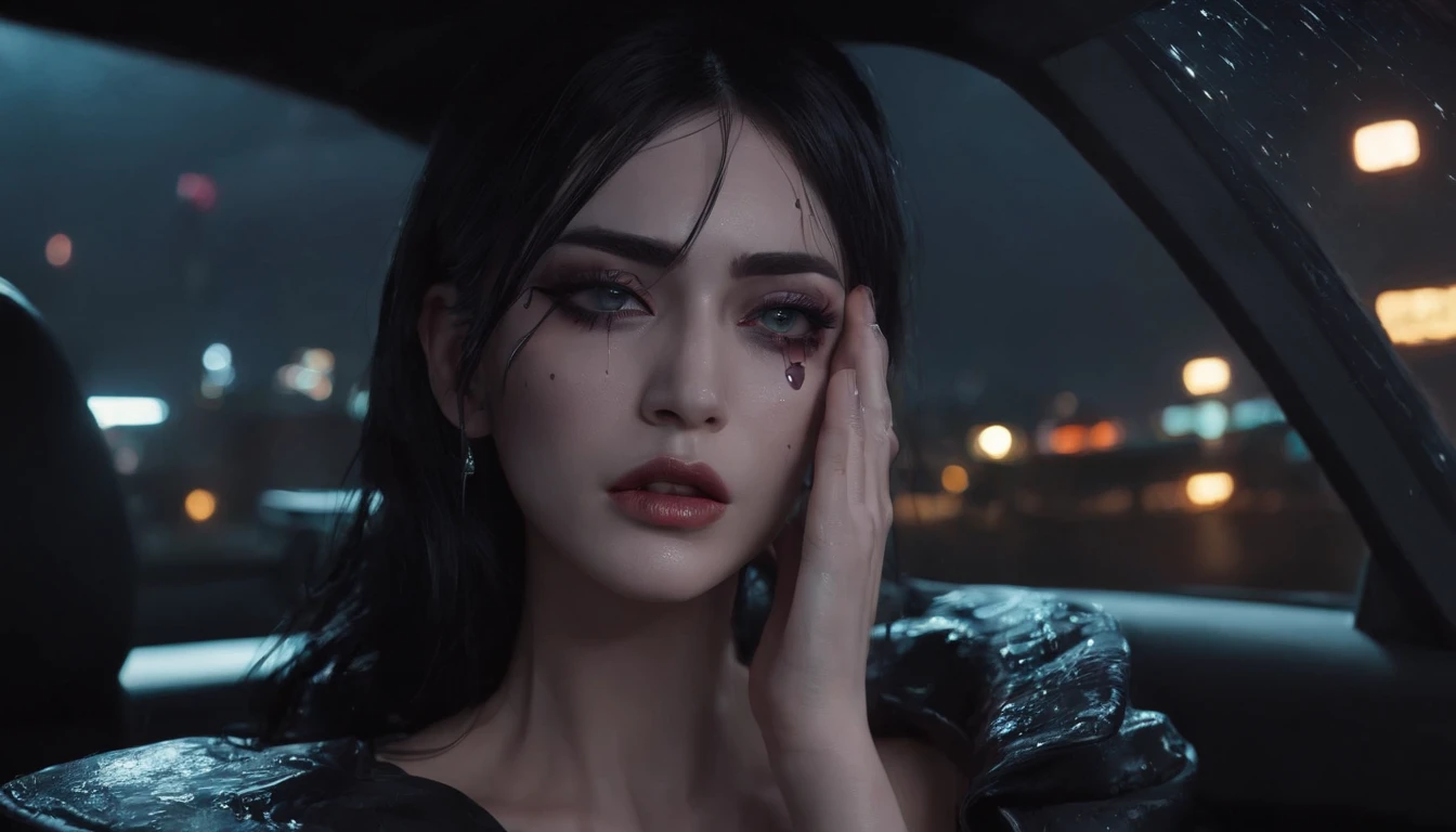 beautiful woman crying in a car at night, dripping make-up, sad woman, black make-up, nissan skyline, night lights, cyberpunk city lights, night sky, night drive, ultra detailed, photorealistic, cinematic, masterpiece.