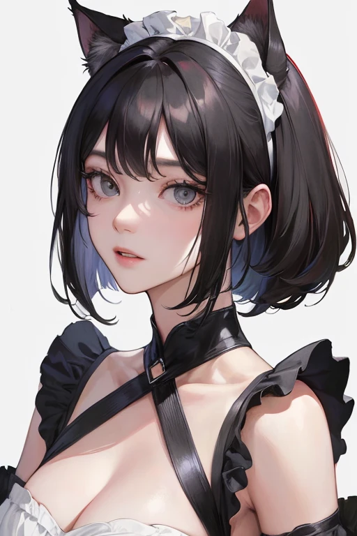 (Top resolution、Distinct_image)top-quality、femele、​masterpiece、ighly detailed、Semi-realistic、Black short hair、Dark hair、grey  eyes、bangss、21years old、shoulder-length hair、Mature、年轻、Maid costume、head band、Exquisite facial features、Facial features、cat ear