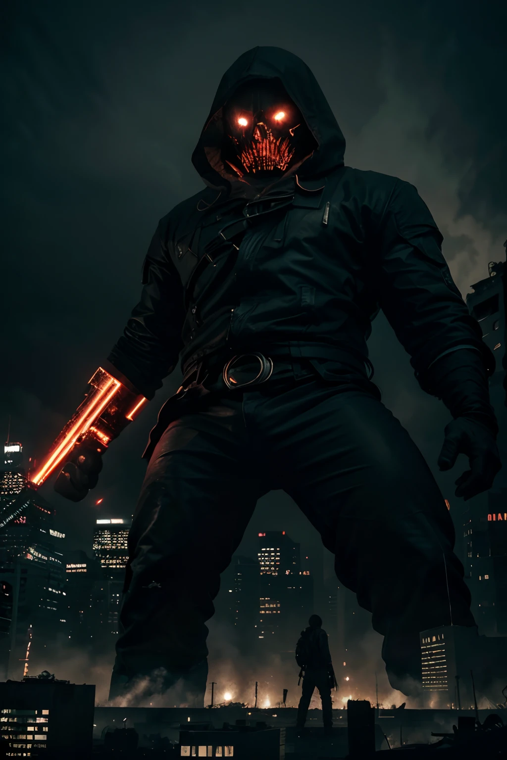 Gigantic giant emerges menacingly in a destroyed cityscape, with a dark atmosphere and dimly visible lights, inspired by the style of Hajime Isayama, made with high-quality digital painting, using grayish tones with red accents and a resolution of 4K to achieve a extraordinary photographic realism.