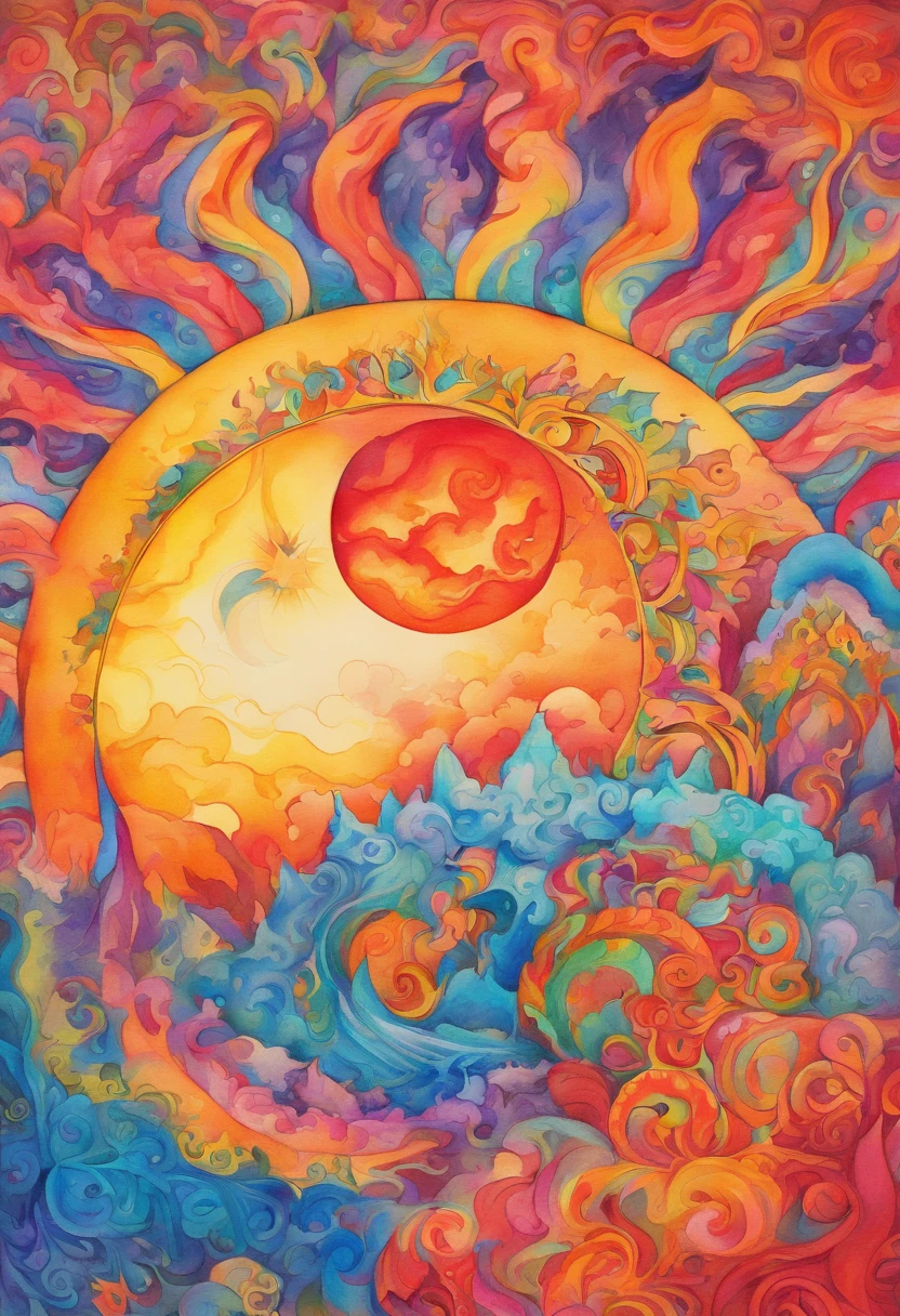 Vivid watercolor pencil drawing of a whimsical fiery sun being hugged by a mystical, magical quarter-moon as it interlocks and is surrounded by an tribal version of wind, water, and fire.