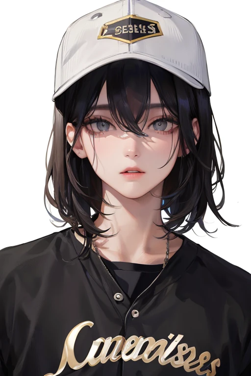 (Top resolution、Distinct_image)top-quality、femele、masterpiece、ighly detailed、Semi-realistic、Black short hair、Dark hair、grey eyes、bangss、21years old、Mature、年轻、Exquisite facial features、Facial features,Baseball Uniforms、Baseball Cap