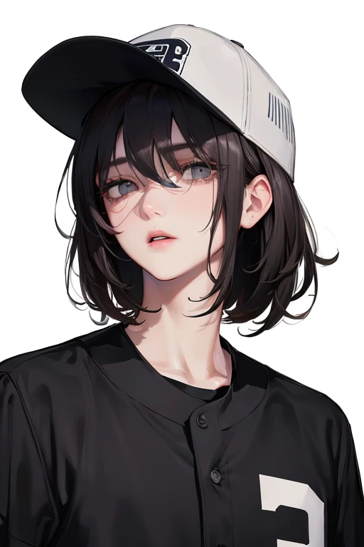 (Top resolution、Distinct_image)top-quality、femele、​masterpiece、ighly detailed、Semi-realistic、Black short hair、Dark hair、grey  eyes、bangss、21years old、Mature、年轻、Exquisite facial features、Facial features,Baseball Uniforms、Baseball Cap