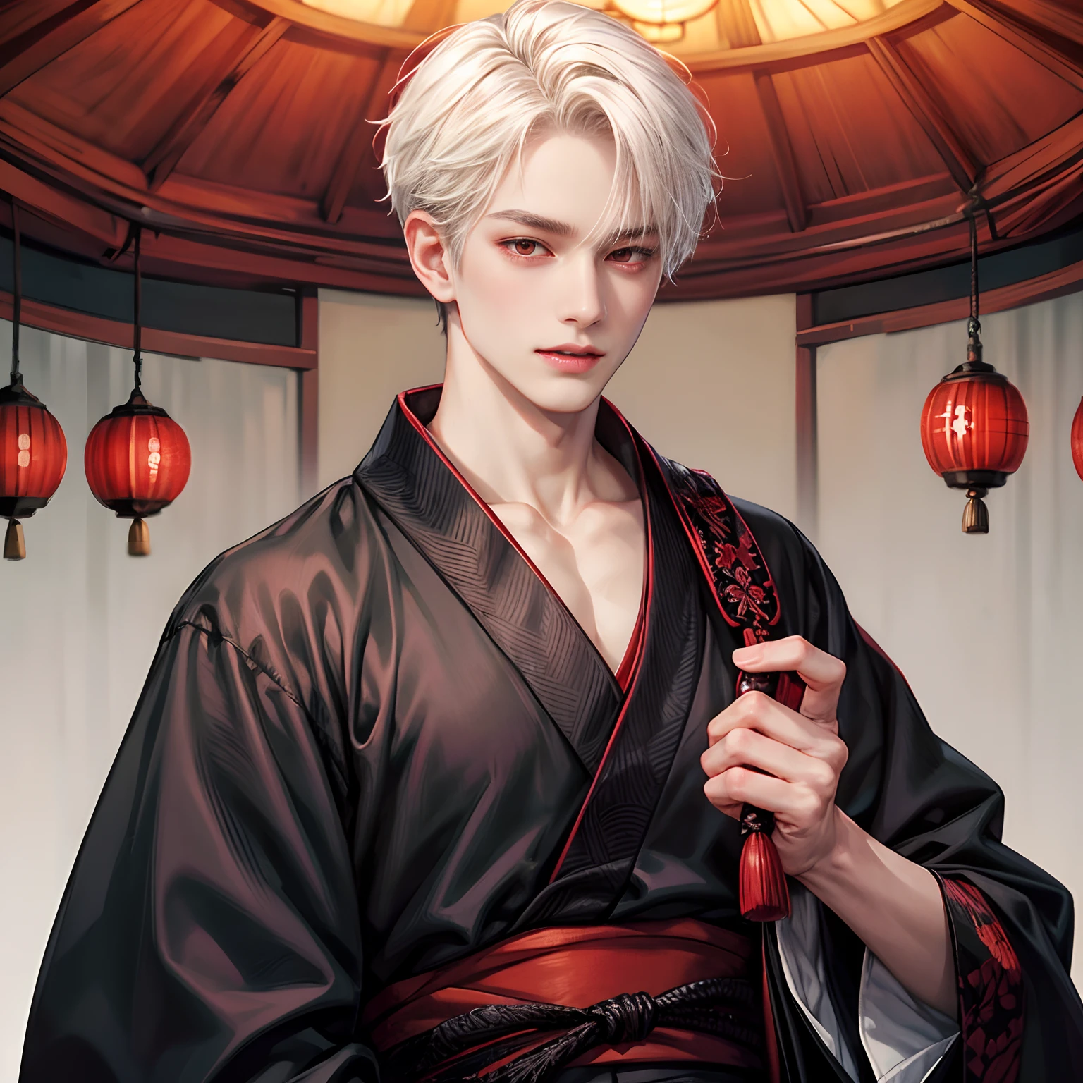 White skinned boy, black messy short hair, wearing black kimono, ridiculously detailed, best quality, detailed red eyes, fangs slightly visible from mouth, Japanese room with bewitching atmosphere, blushing slightly