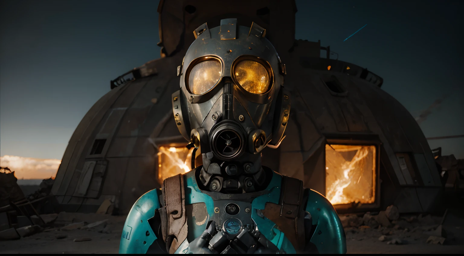 A Robot Girl with helmet and vintage gas mask, the Rocketeer style, tongs in hands, Tv head, pinhead, Black and Yellow Pink Cyan Rusty, Ambient in a meteorite crater super detailed, center, beautiful, soft lighting, focused on the character, 4K resolution, photorealistic rendering.