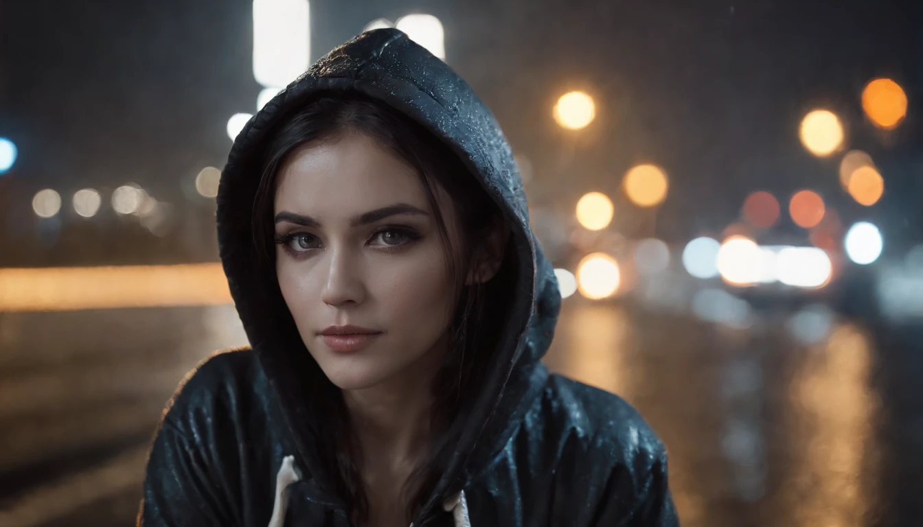 beautiful woman wearing a hoodie in a car at night, dripping make-up, sad woman, black make-up, nissan skyline, night lights, cyberpunk city lights, night sky, night drive, raining, rain, rainy night, ultra detailed, photorealistic, cinematic, masterpiece.