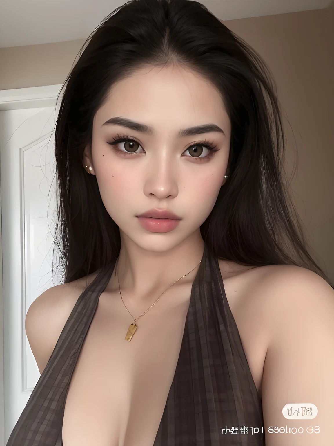 um close up de uma mulher usando um top marrom, Beautiful Asian girl, rosto sexy com maquiagem completa, asian features, Asian girl, Beautiful Asian woman, an Asian woman, 18 anos, asian beautiful face, Asian face, clear lips and high quality, Asian women, Modelo do Instagram, rosto extremamente bonito, Cara Sexy, beautiful aesthetic face