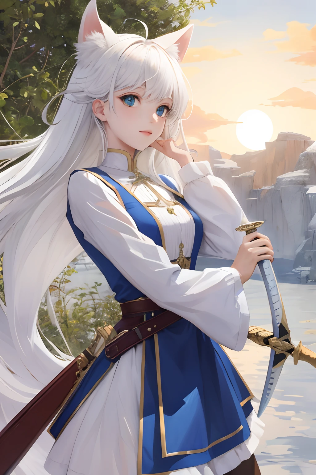 Have an adventure adventurer cute little Fantasia holding swords Cat-eared girl White hair walk