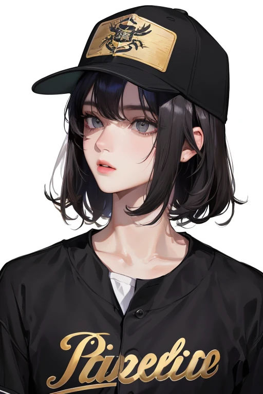 (Top resolution、Distinct_image)top-quality、femele、masterpiece、ighly detailed、Semi-realistic、Black short hair、Dark hair、grey eyes、bangss、21years old、Mature、年轻、Exquisite facial features、Facial features,Baseball Uniforms、Baseball Cap