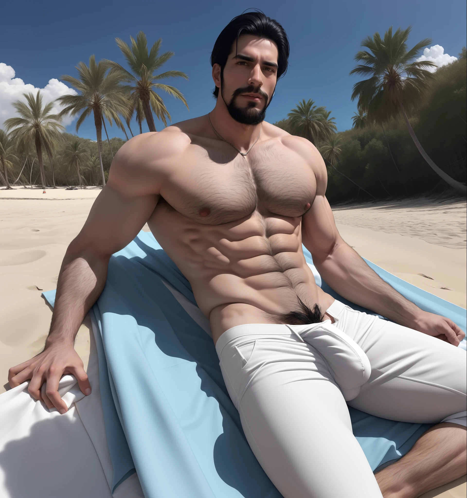 Tall white black hair dude with a raging boner in his pants, big massive bulge, boner in pants, big penis, lewd, nude, naked, nsfw, facial hair, llaying back on beach towel