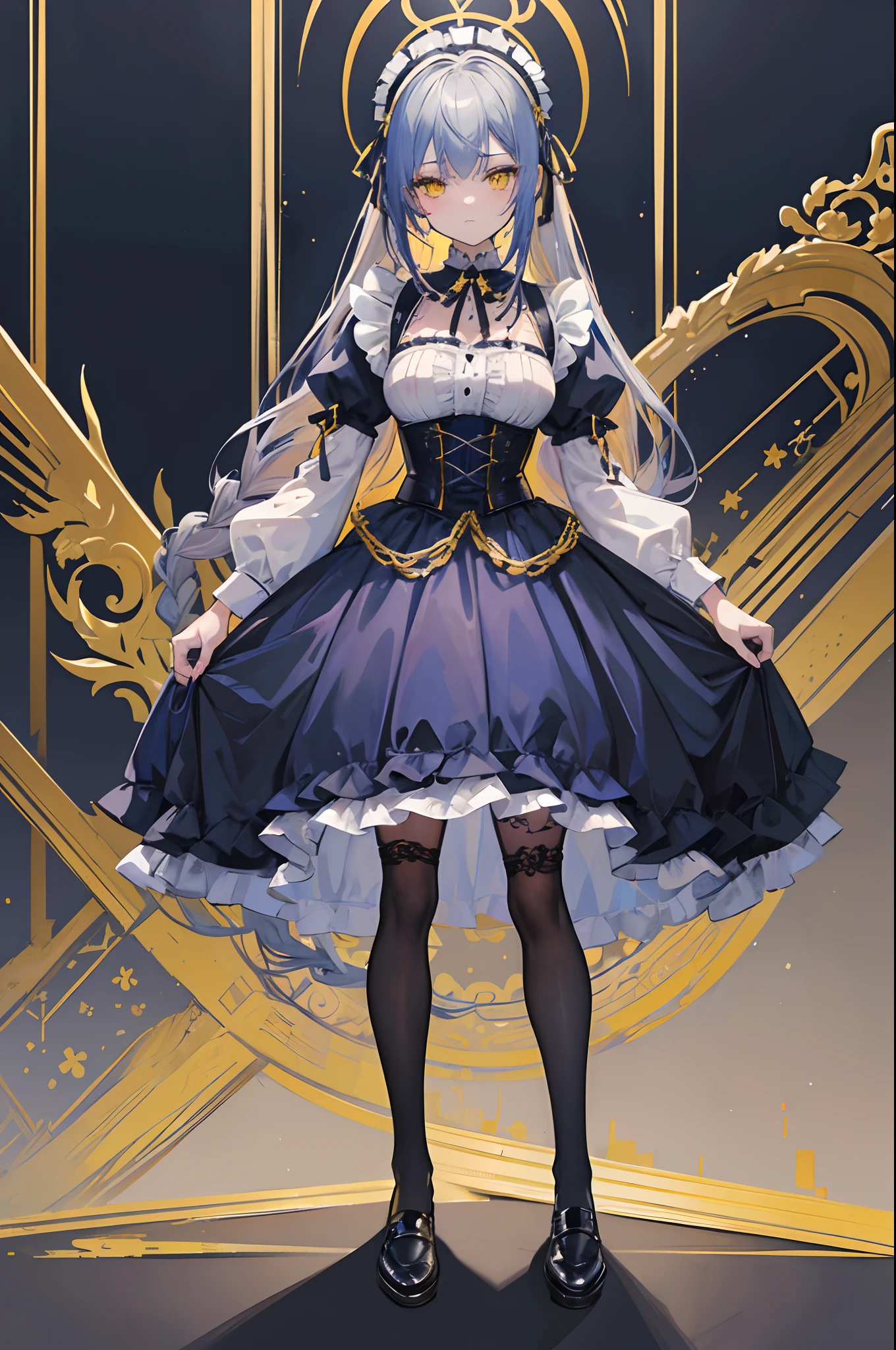 ((Best quality)), ((Masterpiece)), ((detailed)), classical Maid, blue-gray hair, braided hair, loose braid, Beautiful lace blouse, colored inner hair, fluorescent yellow eyes, gothic, red headdress, dark blue and gold corset, chaste maid, leather loafers, full body, standing , simple background ,from front, anime, super accurate, best quality
