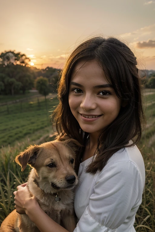 Create an enchanting image that depicts a serene scene in the countryside at sunset. Na imagem, Include a smiling little girl playing with a friendly dog in a grassy field. Ao fundo, destaque uma casa de campo pitoresca, Illuminated by the soft colors of the sunset. Garanta que a cena transmita paz, felicidade e a beleza da natureza no fim de um dia perfeito