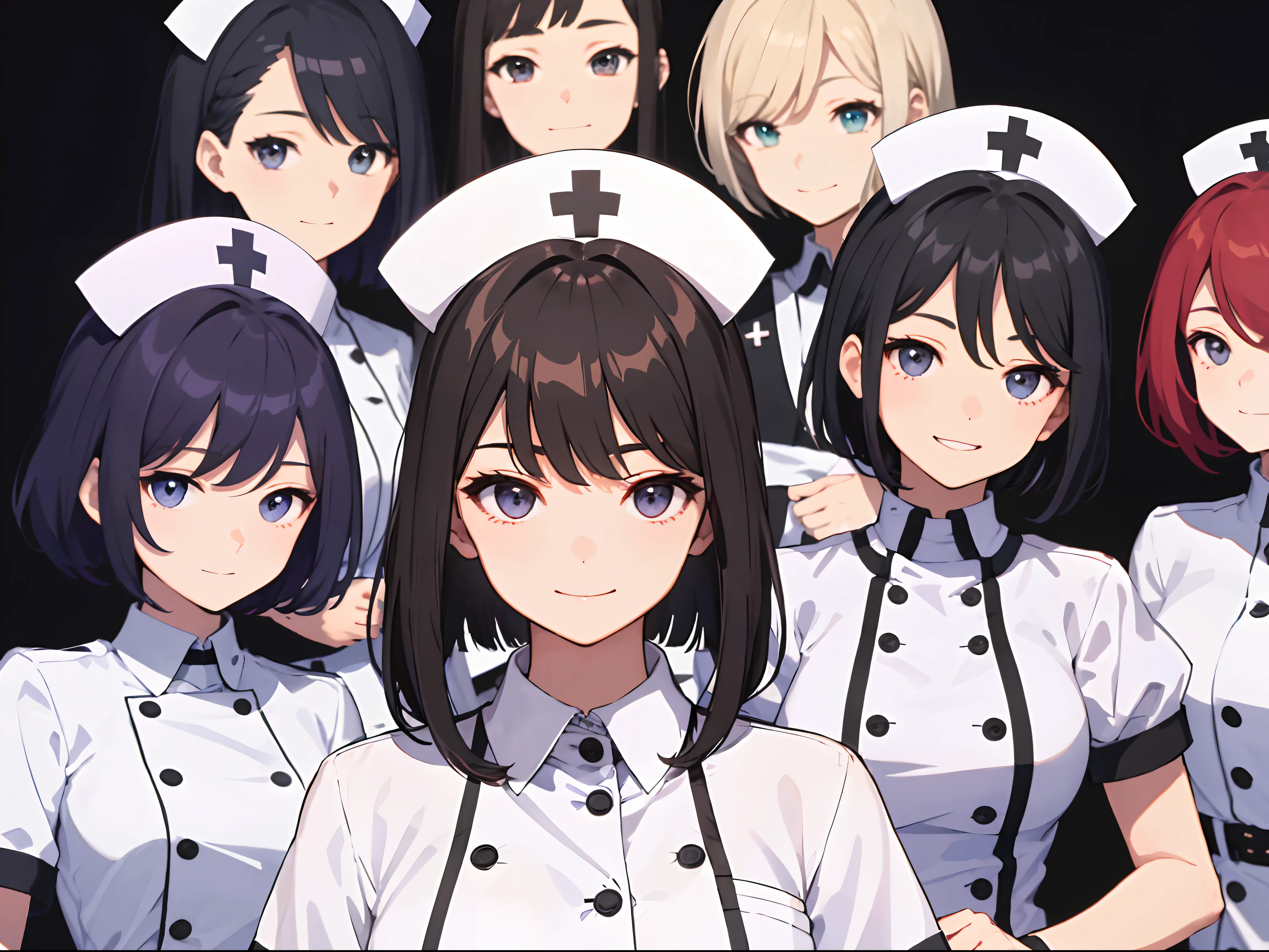 tmasterpiece、topquality、details、hight resolution、extreamly delicate and beautiful、Short bob with black hair、simple background、upper body close-up、beautiful breasts、Nurse's outfit、Smile、Several women's fields、5 women、4 females、3 women、